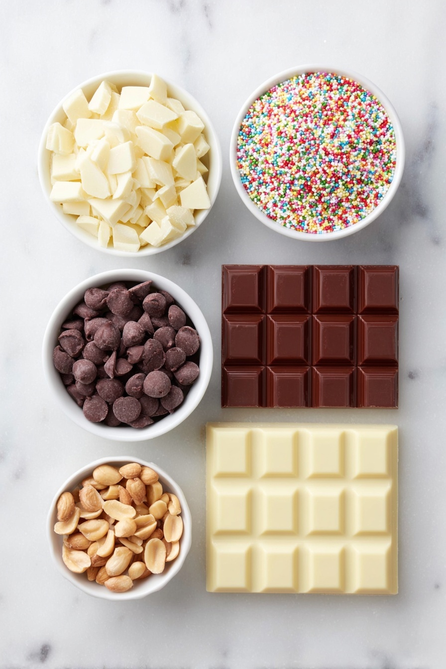 Flat lay of a small pile of broken white almond bark squares, a handful of glossy dark semisweet chocolate chips, chunks of German sweet chocolate bar, a small mound of dry roasted peanuts, and a small white ceramic bowl filled with colorful holiday sprinkles, all arranged symmetrically with perfect proportions on a clean white marble surface, soft natural light, photo taken with an iPhone, professional food photography style, fresh ingredients, white ceramic bowls, no bottles, no duplicates, no utensils, no packaging --ar 2:3 --v 7 --p m7354615311229779997 - Christmas Crockpot Candy, Easy Christmas Candy, Holiday Crockpot Sweets, Easy Holiday Treats, Festive Christmas Confections