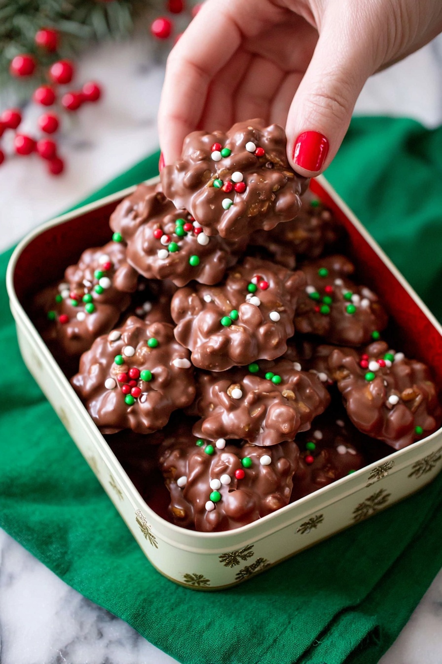The image shows a white tin box filled with chocolate clusters, each cluster made of milk chocolate with small red, green, and white round sprinkles scattered on top. The clusters have a rough texture with irregular shapes, showing lumps beneath the chocolate coating that suggest nuts or cereal inside. A woman's hand with red nail polish is holding one of the clusters from the top right side of the box. The box sits on a green cloth and the background is a white marbled surface. Photo taken with an iphone --ar 2:3 --v 7 - Christmas Crockpot Candy, Easy Christmas Candy, Holiday Crockpot Sweets, Easy Holiday Treats, Festive Christmas Confections