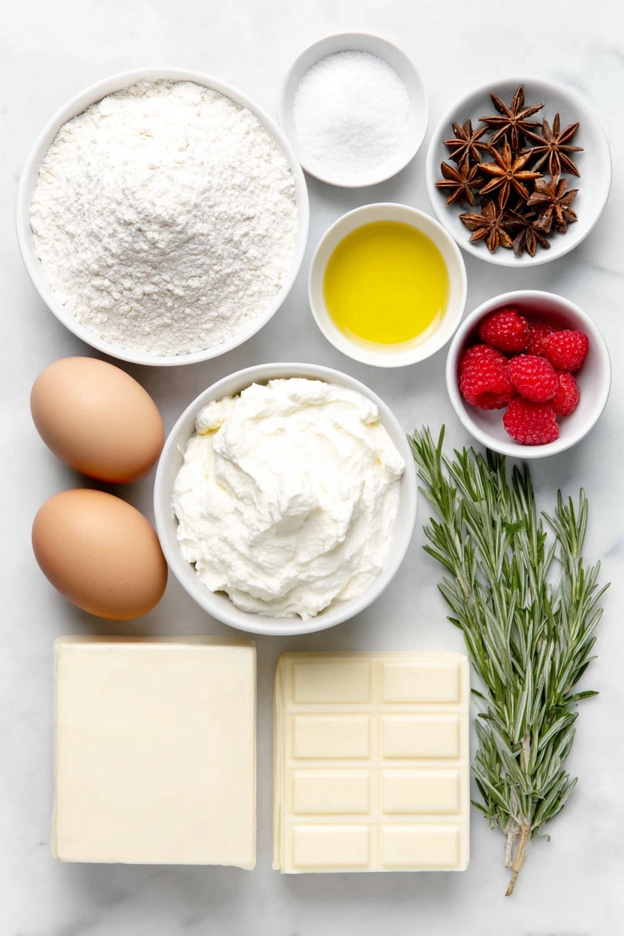 Flat lay of a small mound of fine all-purpose flour, a teaspoon of baking powder and a pinch of salt neatly arranged side by side; four whole uncracked brown eggs; a small pile of white granulated sugar; a small white bowl filled with clear golden vegetable oil; a tiny white bowl of pure vanilla extract; fresh bright red raspberries scattered loosely; a small white bowl of lemon juice with a pale yellow tint; a smooth block of creamy white cream cheese; a small heap of powdered sugar; a small white bowl of chilled whipping cream, thick and white; a slab of glossy white chocolate; a few sprigs of fresh green rosemary; several star anise pods; a delicate dusting of powdered sugar artistically settled on the white ceramic bowls and ingredients, all arranged with perfect symmetry on a clean white marble surface, soft natural light, photo taken with an iPhone, professional food photography style, fresh ingredients, white ceramic bowls, no bottles, no duplicates, no utensils, no packaging --ar 2:3 --v 7 --p m7354615311229779997 - Raspberry Cake Roll with White Chocolate Ganache, raspberry cake roll, white chocolate raspberry dessert, berry cake roll, vanilla sponge roulade
