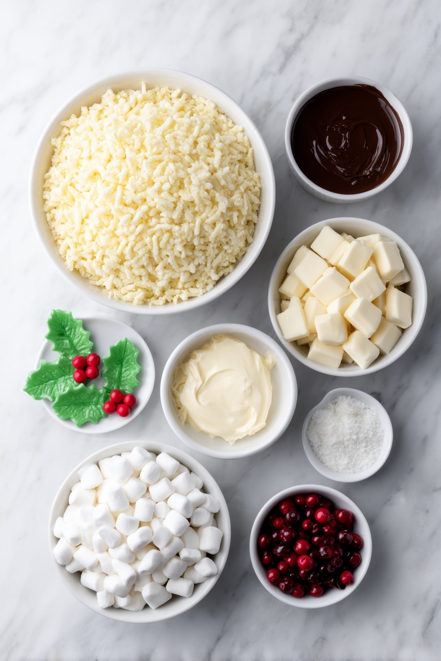 Flat lay of a large white ceramic bowl filled with golden Rice Krispies cereal, a small white bowl with smooth, melted milk chocolate, a small white bowl with melted unsalted butter, a small white bowl overflowing with soft white mini marshmallows, a small white bowl holding silky white melted white chocolate, small pale green sugarpaste holly leaves shapes arranged neatly, tiny bright red sugarpaste berries grouped in a small pile, and two small white bowls each containing vibrant green and rich red food colouring gels, all placed on a clean white marble surface, soft natural light, photo taken with an iPhone, professional food photography style, fresh ingredients, white ceramic bowls, no bottles, no duplicates, no utensils, no packaging --ar 2:3 --v 7 --p m7354615311229779997 - Chocolate Rice Krispie Christmas Puddings, festive holiday treats, easy Christmas dessert, no-bake holiday sweets, fun Christmas baking ideas