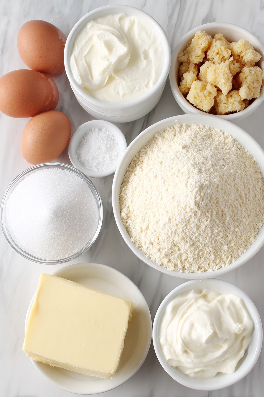 Flat lay of a small mound of finely ground blanched almond flour, a small bowl of powdered sugar, three large whole uncracked brown eggs, a small white bowl of granulated sugar, a small white bowl of cream of tartar powder, a small white bowl with a dab of vibrant green gel food coloring, a small slab of unsalted butter softened, a small white bowl of powdered sugar for filling, a small white bowl of heavy cream, a small pile of finely crumbled snack cake pieces, a small white bowl of vanilla extract, and a small pinch of salt placed neatly in a simple white ceramic bowl, all arranged symmetrically on a clean white marble surface, soft natural light, photo taken with an iPhone, professional food photography style, fresh ingredients, white ceramic bowls, no bottles, no duplicates, no utensils, no packaging --ar 2:3 --v 7 --p m7354615311229779997 - Christmas Tree Macarons, festive holiday macarons, Christmas dessert ideas, holiday macarons recipe, Christmas party treats