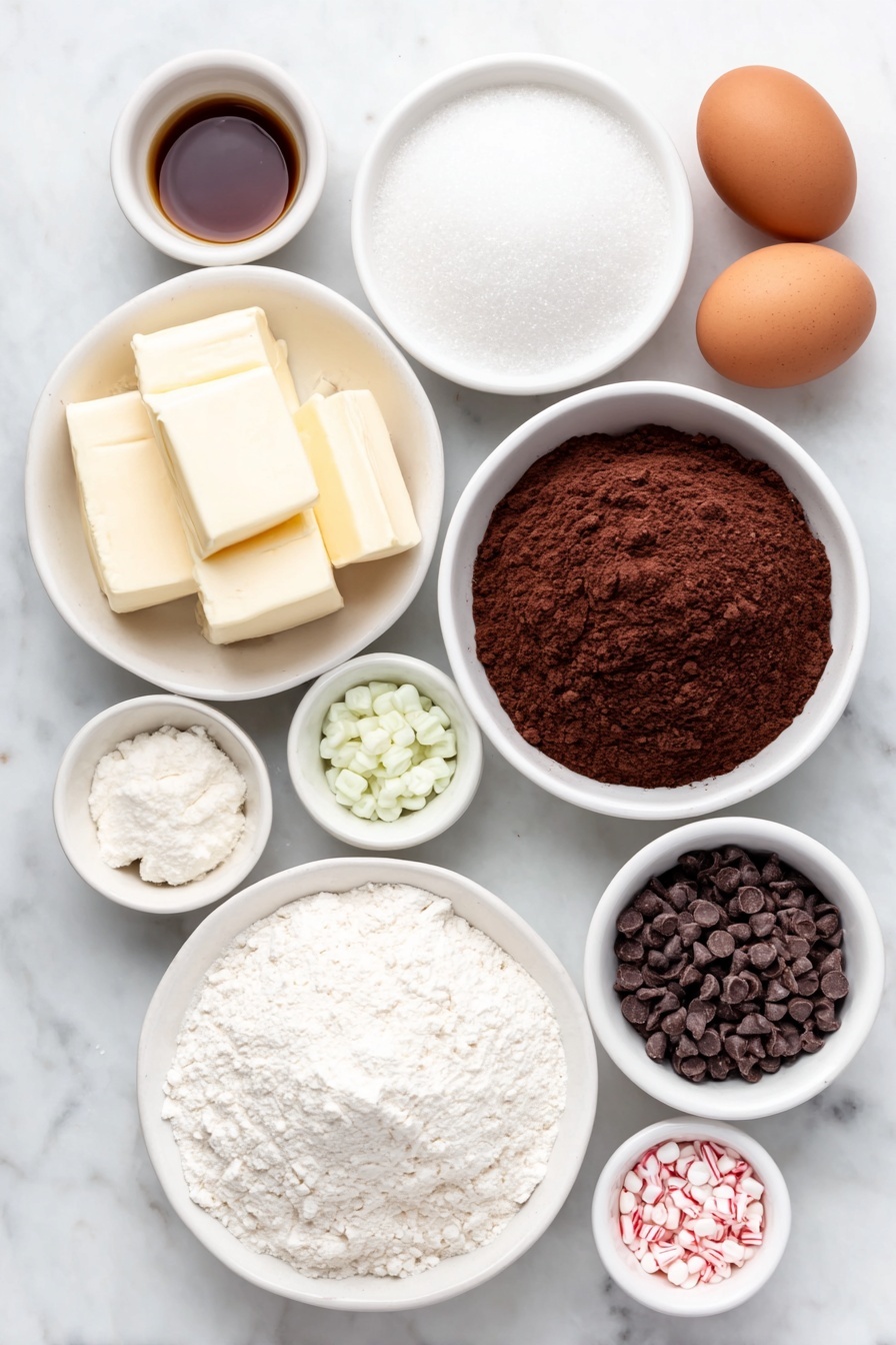 Flat lay of a small white ceramic bowl filled with unsalted butter sticks, a simple white ceramic bowl of granulated sugar, four whole uncracked brown eggs, a small white ceramic bowl with vanilla extract, a white ceramic bowl holding all-purpose flour, another white ceramic bowl with unsweetened cocoa powder, a tiny white ceramic bowl containing baking powder, a tiny white ceramic bowl with salt, a white ceramic bowl of semi-sweet chocolate chips, three small white ceramic bowls each with red, green, and white melted candy, and a few mini candy bows and festive sprinkles arranged neatly, all placed on a clean white marble surface, soft natural light, photo taken with an iPhone, professional food photography style, fresh ingredients, white ceramic bowls, no bottles, no duplicates, no utensils, no packaging --ar 2:3 --v 7 --p m7354615311229779997 - Christmas Present Brownies, festive brownies, holiday gift brownies, chocolate gift brownies, Christmas dessert ideas