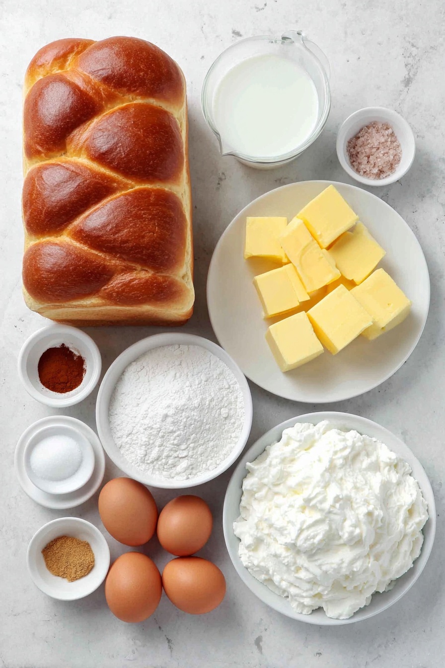 Flat lay of a sliced loaf of fresh brioche bread with thick diagonal cuts, six whole large brown eggs, a small white ceramic bowl of half and half, a small white ceramic bowl of milk, a small white ceramic bowl filled with light brown sugar, a small white ceramic bowl of all-purpose flour, a small white ceramic bowl with golden salted butter cubes, a small white ceramic bowl with ground cinnamon, a small white ceramic bowl of pure vanilla extract, a small white ceramic bowl of coarse kosher salt, and a dollop of homemade whipped cream on a simple white ceramic plate, all arranged in perfect symmetry, placed on a clean white marble surface, soft natural light, photo taken with an iPhone, professional food photography style, fresh ingredients, white ceramic bowls, no bottles, no duplicates, no utensils, no packaging --ar 2:3 --v 7 --p m7354615311229779997 - Brioche French Toast Casserole, easy brunch breakfast, holiday breakfast ideas, make-ahead French toast, cinnamon streusel casserole