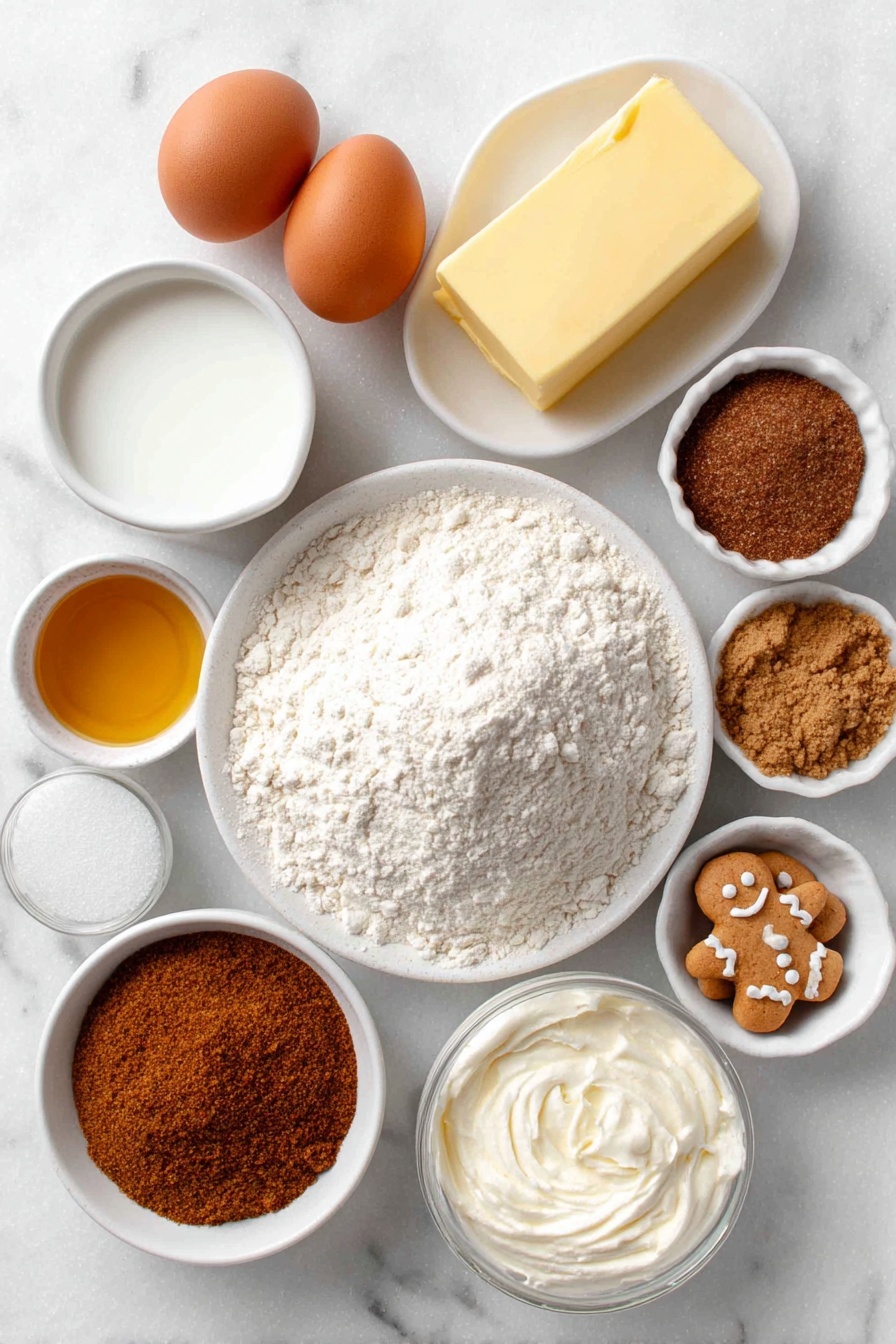 Flat lay of a small mound of all-purpose flour on a simple white ceramic plate, a small white ceramic bowl of granulated sugar, two whole brown eggs with clean shells, a small white ceramic bowl of warm milk, a slab of pale yellow butter on a white ceramic dish, a small white ceramic bowl of golden molasses, a small white ceramic bowl of packed light brown sugar, a small white ceramic bowl with mixed ground cinnamon, ground ginger, ground cloves, and ground nutmeg in separate neat piles, a small white ceramic bowl of smooth cream cheese, a small white ceramic bowl of confectioners' sugar, a small white ceramic bowl of clear vanilla extract, and a few small gingerbread men shaped cookies arranged evenly -- all placed on a clean white marble surface, soft natural light, photo taken with an iPhone, professional food photography style, fresh ingredients, white ceramic bowls, no bottles, no duplicates, no utensils, no packaging --ar 2:3 --v 7 --p m7354615311229779997 - Gingerbread Cinnamon Rolls, gingerbread cinnamon rolls recipe, holiday cinnamon rolls, spiced cinnamon roll dough, festive breakfast treats