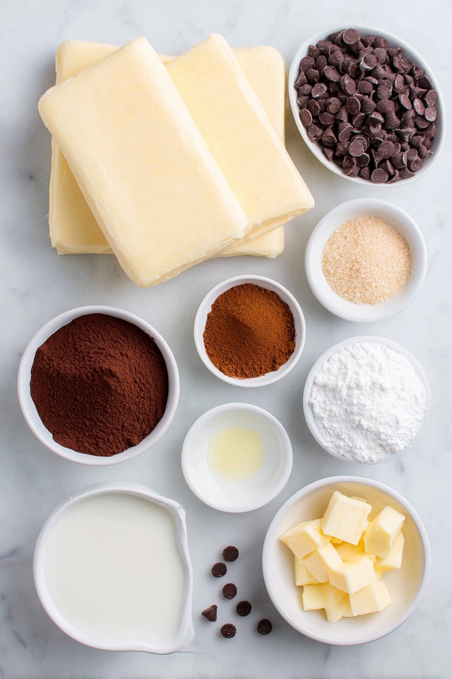 Flat lay of three cans of pale crescent roll dough sheets neatly folded, a stick of smooth softened butter, a small white ceramic bowl of rich dark brown cocoa powder, a small white bowl filled with packed golden brown sugar, a small white bowl holding cinnamon powder with warm reddish-brown hues, scattered glossy mini chocolate chips, a small white bowl with fine white powdered sugar, a small white bowl with melted pale yellow butter, a small white bowl containing clear vanilla extract, a small white bowl of fresh cream or milk with a slight sheen, placed on a clean white marble surface, soft natural light, photo taken with an iPhone, professional food photography style, fresh ingredients, white ceramic bowls, no bottles, no duplicates, no utensils, no packaging --ar 2:3 --v 7 --p m7354615311229779997 - Chocolate Croissant Cinnamon Rolls, croissant cinnamon rolls with chocolate, easy chocolate cinnamon rolls, flaky cinnamon roll recipe, brunch dessert ideas