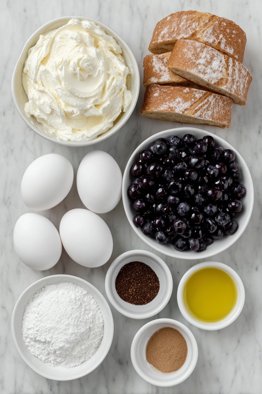Flat lay of fresh whole large eggs with smooth clean shells, a small heap of fresh plump blueberries, a simple white ceramic bowl of softened cream cheese, a small white bowl filled with fine powdered sugar, two small white bowls each containing clear vanilla extract and whole milk, two small white bowls holding ground cinnamon and ground nutmeg, and fresh cubed rustic French bread, all arranged with perfect symmetry on a clean white marble surface, soft natural light, photo taken with an iPhone, professional food photography style, fresh ingredients, white ceramic bowls, no bottles, no duplicates, no utensils, no packaging --ar 2:3 --v 7 --p m7354615311229779997 - Blueberry French Toast Casserole, Blueberry French Toast Bake, Blueberry Breakfast Casserole, Easy Blueberry French Toast, Blueberry Brunch Recipe