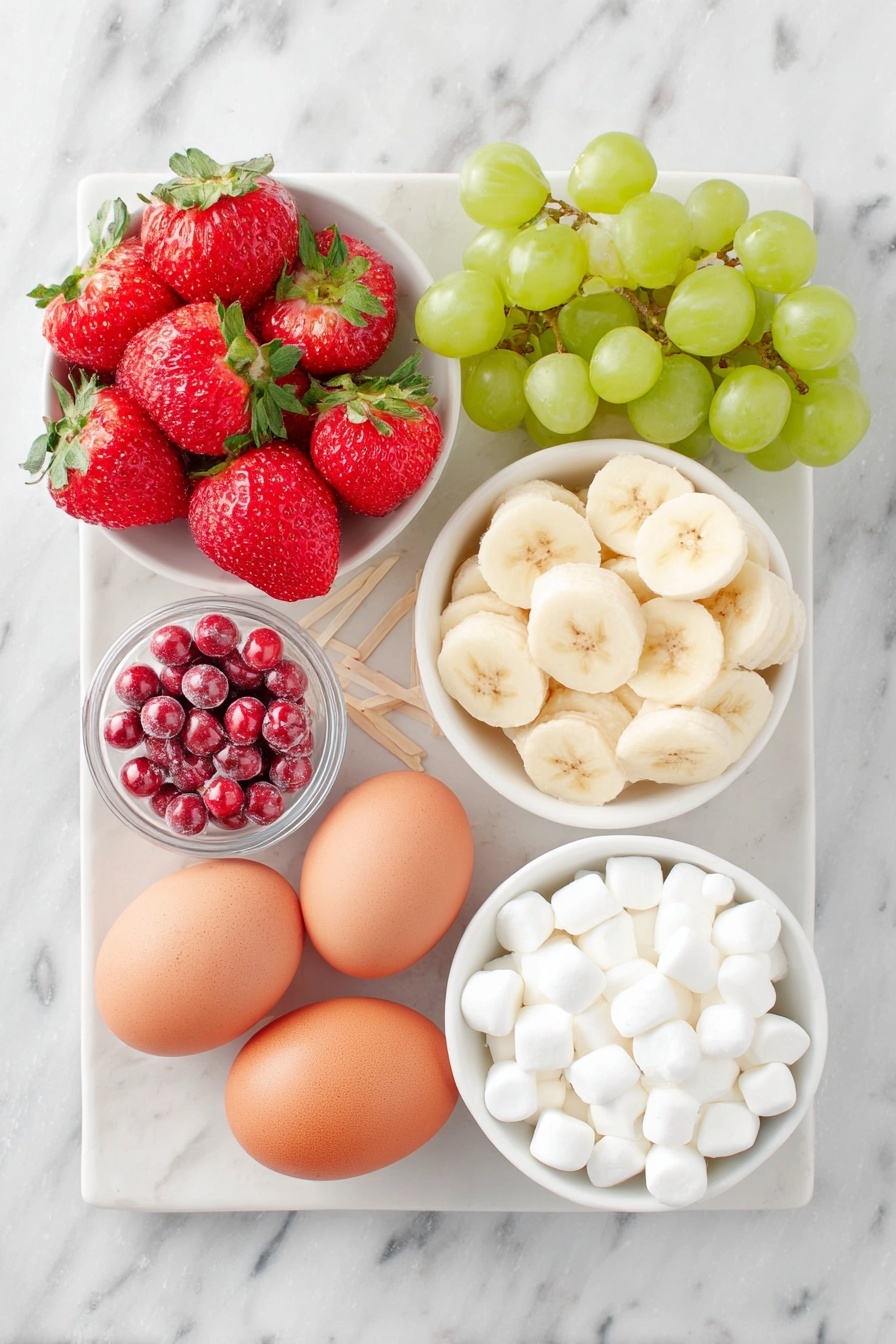 Flat lay of a small cluster of bright red strawberries with green leafy tops, a handful of shiny green grapes, a peeled banana sliced into thin rounds arranged neatly, a few small white mini marshmallows in a small simple white ceramic bowl, two whole uncracked brown eggs (note: no eggs in this recipe so omit), a small white ceramic bowl filled with small round red candies, another small white bowl holding tiny candy eyes, all arranged symmetrically on a clean white ceramic plate with toothpicks neatly placed beside them, placed on a clean white marble surface, soft natural light, photo taken with an iPhone, professional food photography style, fresh ingredients, white ceramic bowls, no bottles, no duplicates, no utensils, no packaging --ar 2:3 --v 7 --p m7354615311229779997 - Festive Fruit Kabobs, Strawberry and Grape Fruit Kabobs, Holiday Fruit Skewers, Healthy Party Snacks, Colorful Fruit Appetizer