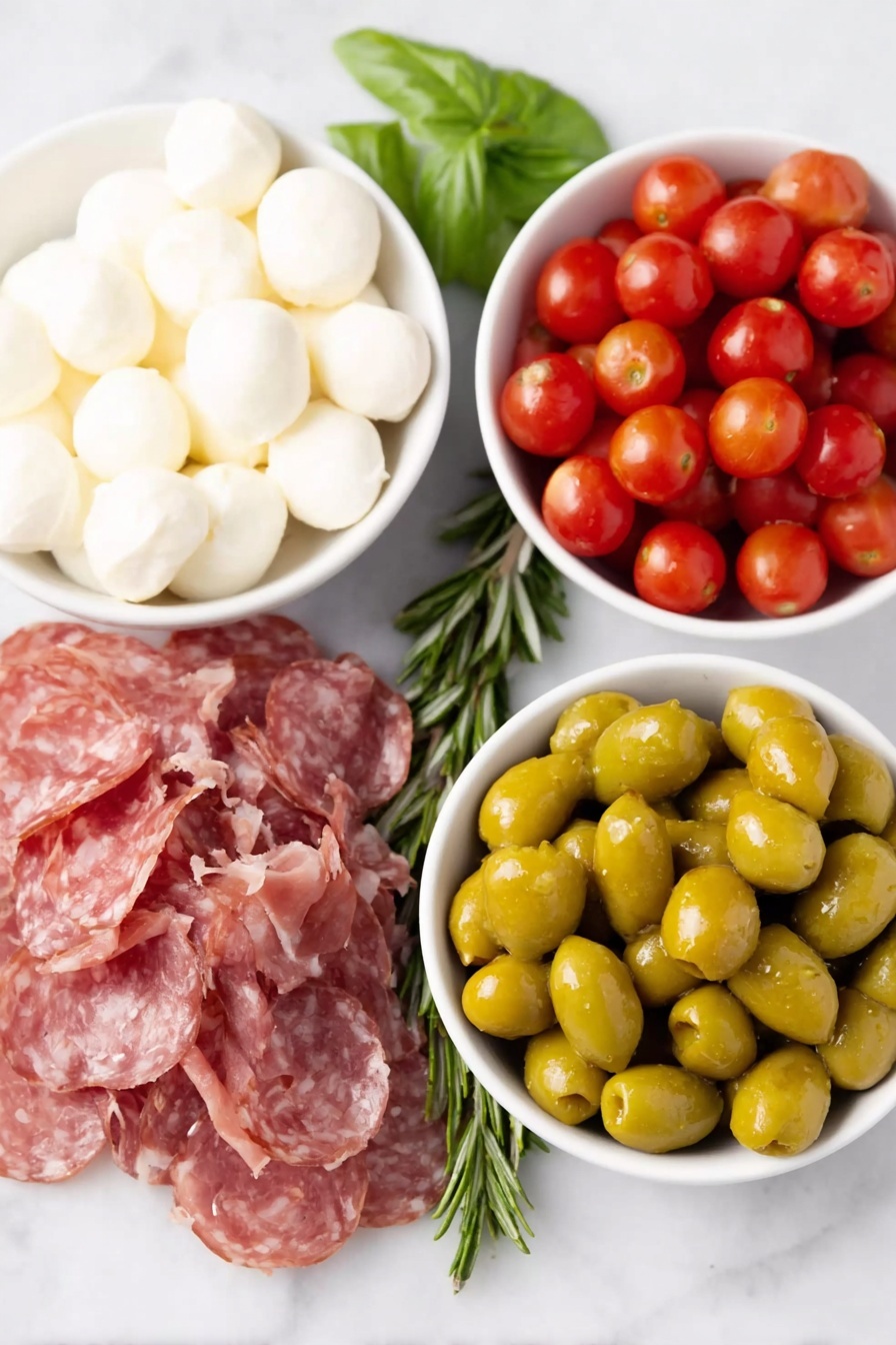 Flat lay of fresh white mozzarella balls, bright green basil leaves, a handful of glossy red cherry tomatoes, thin slices of spicy Genoa salami, delicate folds of prosciutto salami, tender artichoke hearts, vibrant green Castelvetrano olives, deep purple Kalamata olives, and small pale yellow pepperoncini peppers, with a few sprigs of fresh rosemary arranged symmetrically in simple white ceramic bowls and scattered naturally, placed on a clean white marble surface, soft natural light, photo taken with an iPhone, professional food photography style, fresh ingredients, white ceramic bowls, no bottles, no duplicates, no utensils, no packaging --ar 2:3 --v 7 --p m7354615311229779997 - Antipasto Wreath with Mozzarella and Olives, antipasto appetizer ideas, festive appetizer recipes, easy party starters, savory skewered antipasto