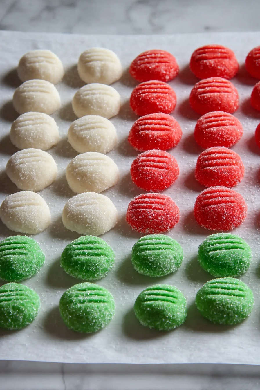 The image shows three rows of round, sugar-coated dough pieces placed neatly on white parchment paper over a white marbled surface. The first row has seven white rounds, the second row has eight red rounds, and the third row has seven green rounds. Each dough piece has small parallel line marks made with a utensil on the top. The sugar granules on the dough give a slightly rough texture, and the dough pieces look soft and fresh. photo taken with an iphone --ar 2:3 --v 7 - Homemade Peppermint Patties, peppermint candies, festive holiday treats, mint chocolates, easy candy recipes