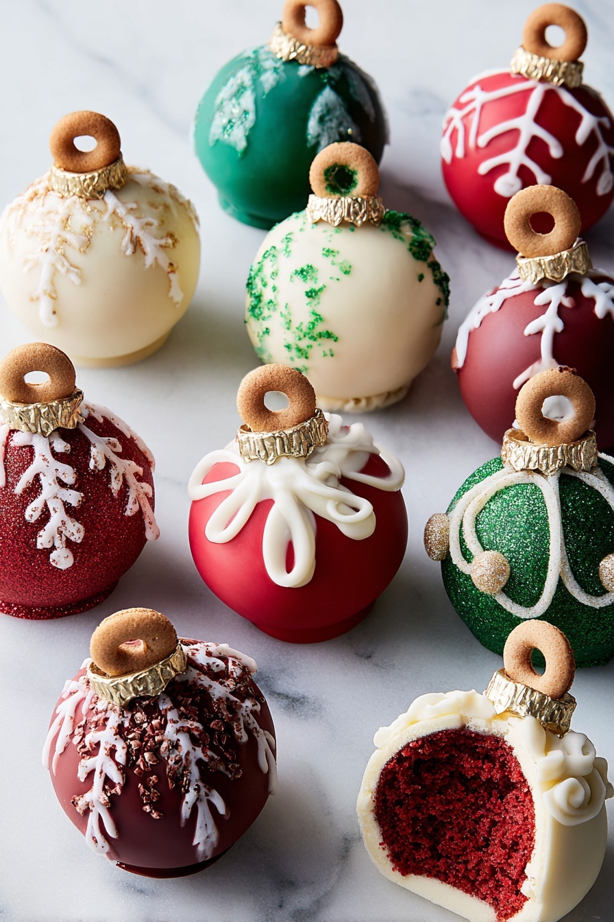 The image shows nine round dessert balls designed like Christmas ornaments on a white marbled surface. Each ball has a smooth, shiny coating in red, green, white, or gold colors. The tops have small circular cookie pieces acting as hooks with white icing around them. Some balls have white icing snowflakes or swirls on their surface, while others have lines or dots in white icing. A few balls have green glitter sprinkled on them. One dessert ball is split open, revealing a red, soft cake-like inside with white icing around it. The decorations give a festive, holiday look to each dessert photo taken with an iphone --ar 2:3 --v 7 - Festive Cake Ball Ornaments, holiday cake balls, Christmas cake decorations, holiday party treats, edible ornament ideas