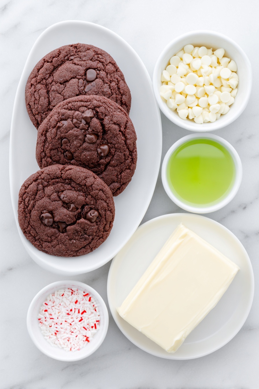 Flat lay of a small pile of chewy red velvet cookies with visible chocolate chips, a block of smooth cream cheese with a creamy texture, a small white bowl filled with glossy white chocolate chips, a tiny white bowl containing vibrant green food coloring gel, and a handful of small red heart sprinkles scattered artfully, all arranged in perfect symmetry on simple white ceramic bowls and plates, placed on a clean white marble surface, soft natural light, photo taken with an iPhone, professional food photography style, fresh ingredients, white ceramic bowls, no bottles, no duplicates, no utensils, no packaging --ar 2:3 --v 7 --p m7354615311229779997 - Grinchy Christmas Cookie Balls, Christmas cookie balls, holiday cookie treats, festive no-bake cookies, green holiday dessert