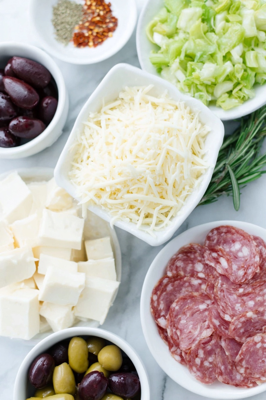 Flat lay of finely shredded provolone cheese, finely shredded parmesan cheese, chopped bright green pepperoncini, chopped blanched almonds, finely chopped slices of salami, finely chopped marinated artichoke hearts, two whole unpeeled garlic cloves, a small white bowl of mixed Italian seasoning, a small white bowl of kosher salt, a small white bowl of crushed red pepper flakes, four blocks of cream cheese with clean uncracked surfaces, halved pitted green Cerignola olives, halved marinated Kalamata olives, halved pitted black Cerignola olives, chunky pieces of roasted red peppers, a few fresh rosemary sprigs, a half-inch-thick slice of fresh mozzarella, arranged symmetrically on simple white ceramic bowls and plates, placed on a clean white marble surface, soft natural light, photo taken with an iPhone, professional food photography style, fresh ingredients, white ceramic bowls, no bottles, no duplicates, no utensils, no packaging --ar 2:3 --v 7 --p m7354615311229779997 - Antipasto Cheese Ball Christmas Tree, holiday cheese ball appetizer, festive cheese ball recipe, Christmas party appetizers, edible holiday decor