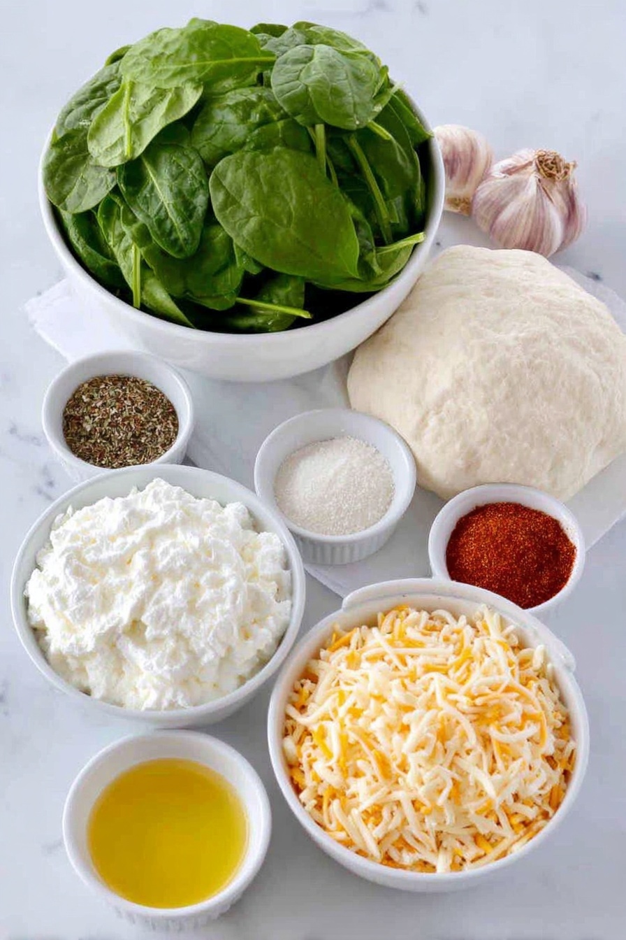 Flat lay of a small mound of bright green fresh spinach leaves, a soft white ceramic bowl with creamy white softened cream cheese, two whole uncracked brown garlic cloves, a small white ceramic bowl filled with mixed dried Italian herbs, another small white bowl with fine sea salt crystals, a small white bowl containing pale beige onion powder, a tiny white bowl with reddish-orange cayenne pepper powder, a small white bowl with coarse black peppercorns, a simple white ceramic bowl heaped with shredded orange cheddar and white mozzarella cheese blend, another small white bowl with finely grated pale yellow parmesan cheese, a smooth round ball of pale beige refrigerated pizza dough sitting on white parchment paper, a small white bowl holding melted golden butter, all arranged symmetrically with perfect proportions and balance, placed on a clean white marble surface, soft natural light, photo taken with an iPhone, professional food photography style, fresh ingredients, white ceramic bowls, no bottles, no duplicates, no utensils, no packaging --ar 2:3 --v 7 --p m7354615311229779997 - Christmas Spinach Dip Tree Appetizer, festive spinach dip, holiday appetizer, Christmas tree appetizer, crowd-pleasing holiday snack