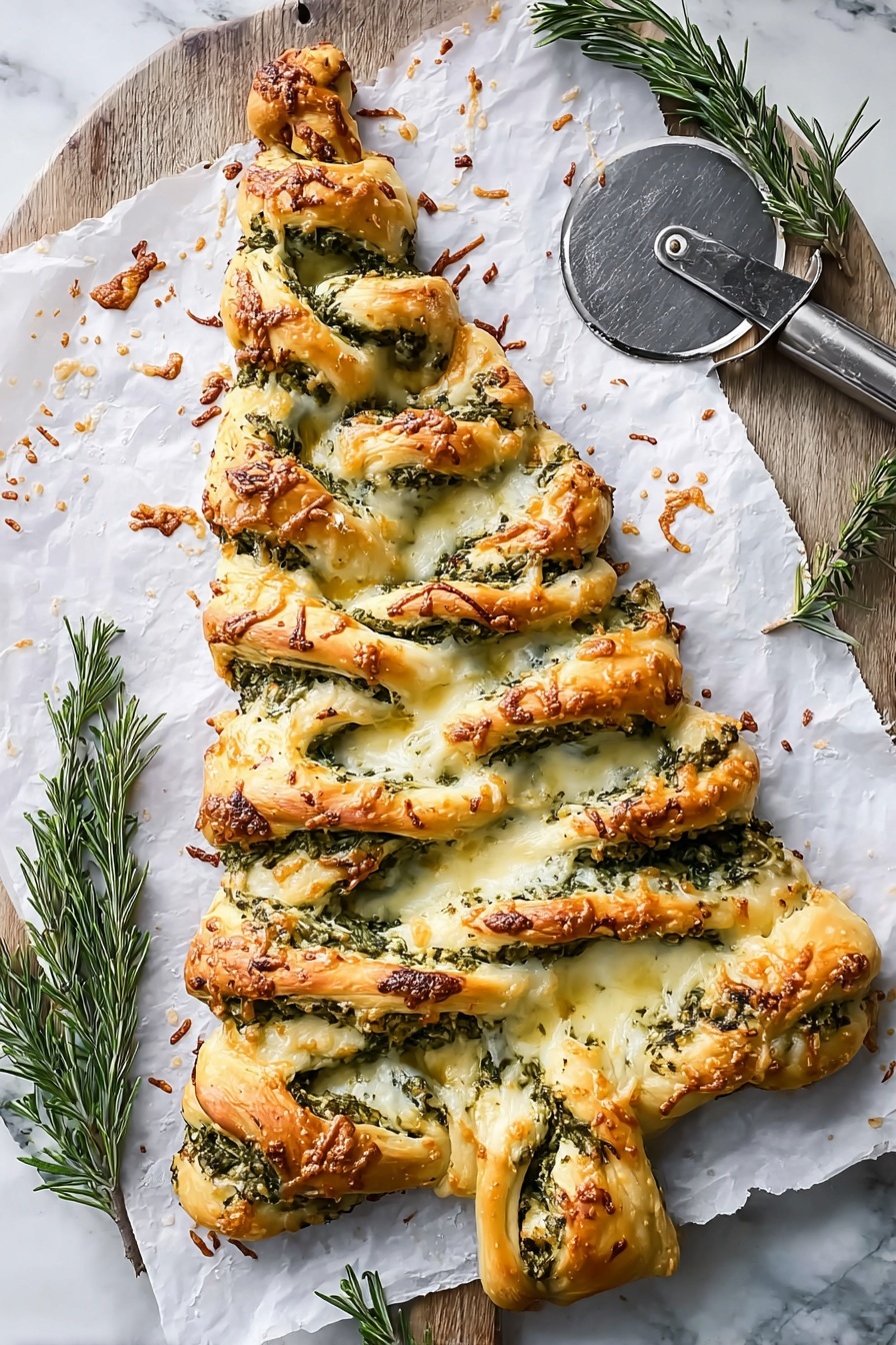 The image shows a Christmas tree-shaped bread with twisted layers of dough and green herb filling. The bread has three main sections: the broad base, the middle that narrows, and the top forming a pointed tip. Each side of the tree has multiple twisted sections where the dough reveals the green herb filling inside, giving a textured and layered look. The dough is golden brown on the edges with melted cheese and sprinkled herbs on top, creating a mix of creamy white, golden, and green colors. The bread sits on white baking paper, with a metal pizza cutter on the top right and a white marbled surface beneath. Sprigs of fresh rosemary are placed around the bread. Photo taken with an iphone --ar 2:3 --v 7 - Christmas Spinach Dip Tree Appetizer, festive spinach dip, holiday appetizer, Christmas tree appetizer, crowd-pleasing holiday snack