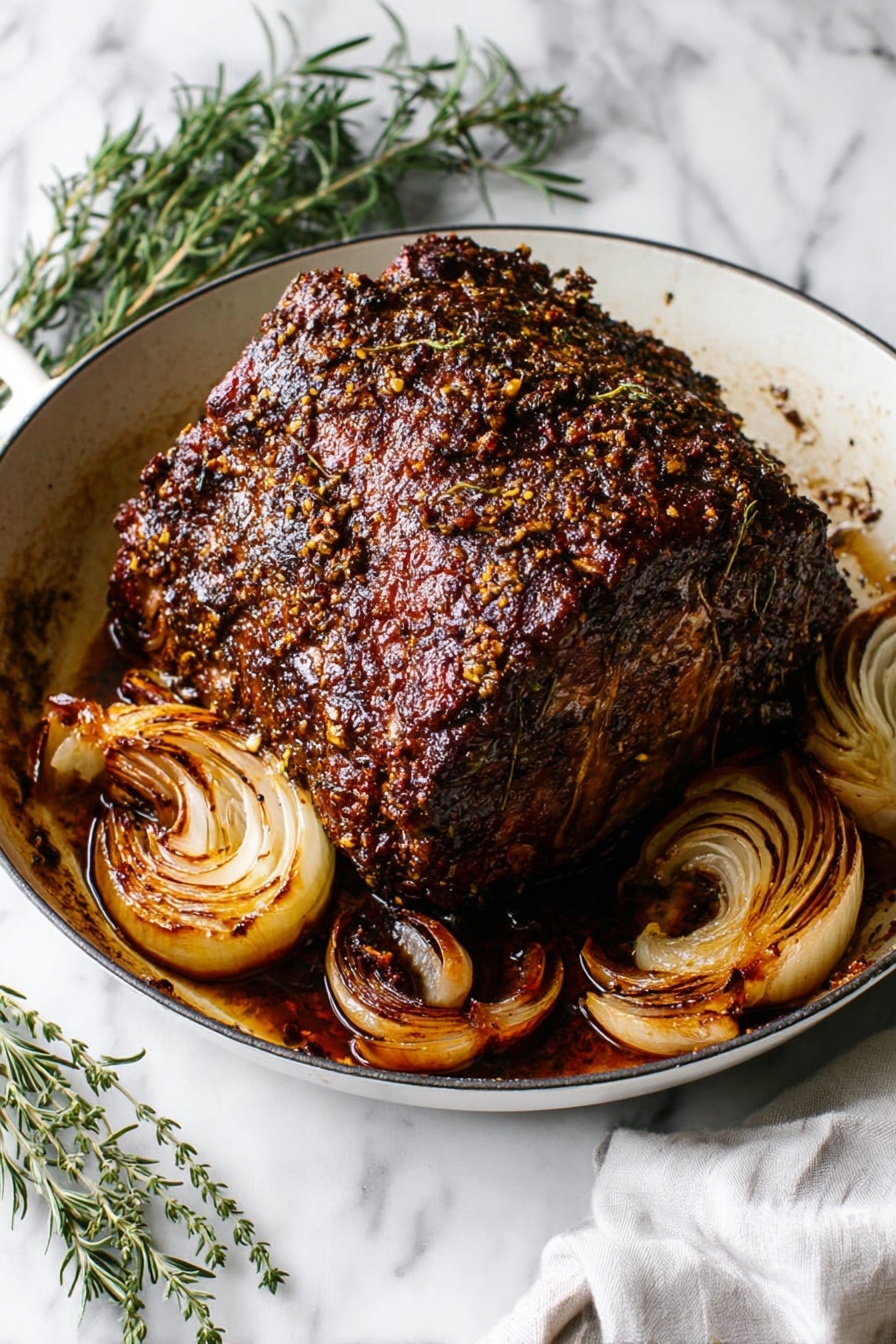 A large, thick piece of roasted meat with a dark brown, crispy, and textured crust sits in the center of a white skillet. The meat’s surface is covered in a spice and herb crust that adds a bumpy texture, with a shiny glaze reflecting light. Surrounding the meat in the pan are several roasted onion halves with caramelized, golden brown layers curling slightly from the heat. The skillet rests on a white marbled surface, with green sprigs of rosemary and thyme arranged beside it, and a white cloth napkin partially visible in the corner. Photo taken with an iphone --ar 2:3 --v 7 - Perfect Garlic Herb Prime Rib Roast, garlic herb prime rib, prime rib roast recipe, juicy tender prime rib, holiday prime rib