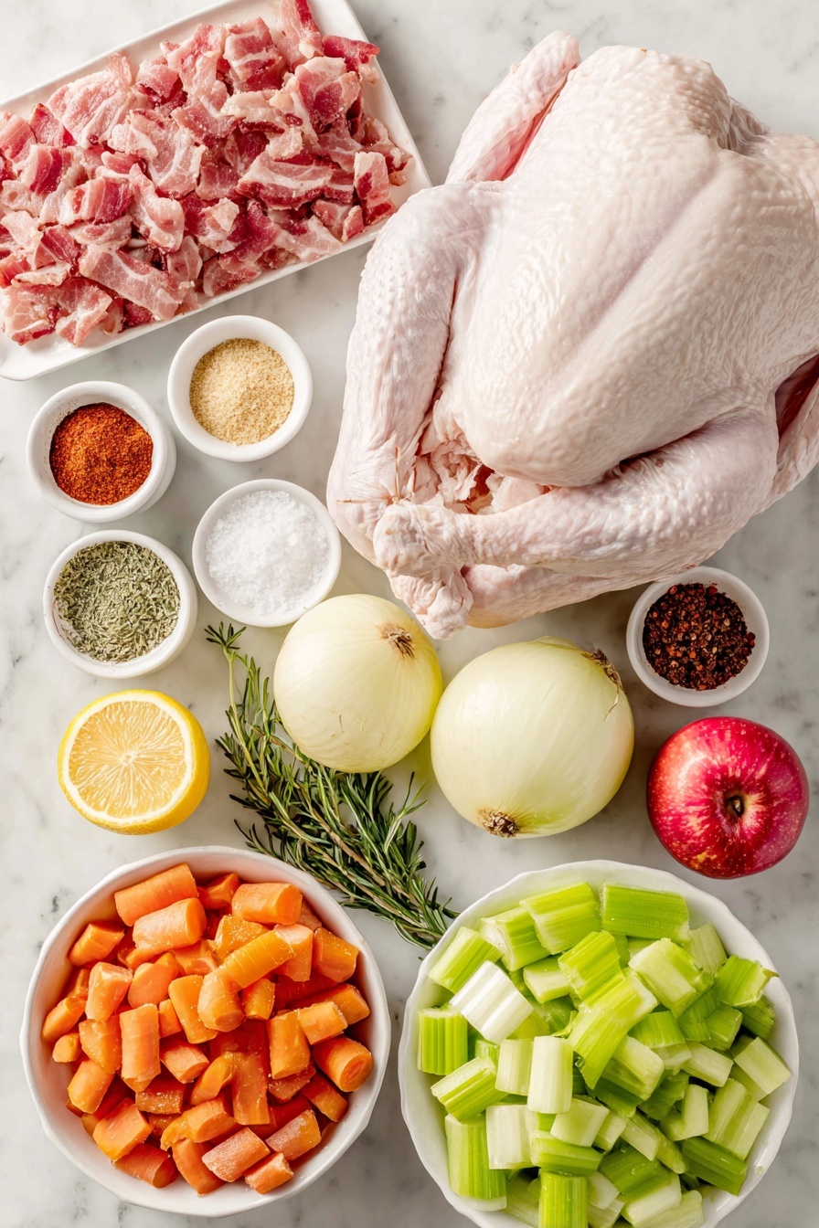 Flat lay of a whole fresh raw turkey with smooth skin, a small mound of roughly chopped pink bacon strips, a small white ceramic bowl filled with coarse kosher salt and another with light brown sugar crystals, a small white ceramic bowl holding a vibrant smoked paprika powder, a small white ceramic bowl with freshly ground black pepper, a small white ceramic bowl containing pale beige onion powder, a small white ceramic bowl of fine garlic powder, and a small white ceramic bowl with bright red cayenne pepper; fresh celery ribs chopped into large green stalks, bright orange roughly chopped carrots, two peeled white onions quartered, two crisp red and green apples quartered, one lemon halved exposing its juicy yellow interior, and fresh aromatic sprigs of rosemary and thyme arranged symmetrically around the ingredients; all elements neatly spaced and balanced, placed on a clean white marble surface, soft natural light, photo taken with an iPhone, professional food photography style, fresh ingredients, white ceramic bowls, no bottles, no duplicates, no utensils, no packaging --ar 2:3 --v 7 --p m7354615311229779997 - Bacon Roasted Turkey with Aromatics,Holiday Roast Turkey,Smoky Bacon Turkey,Juicy Roasted Turkey with Herbs,Perfect Thanksgiving Turkey