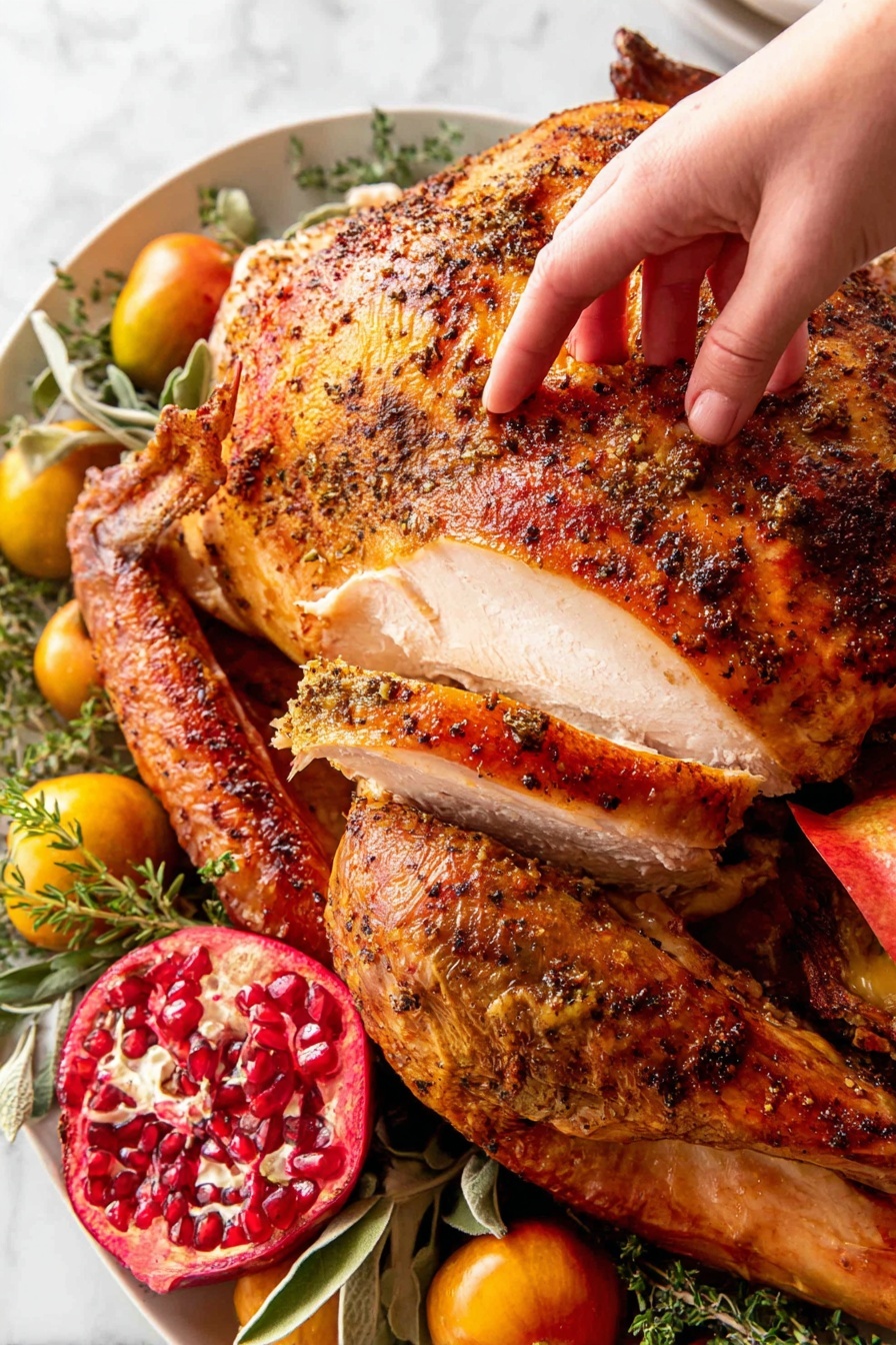 A roasted turkey is placed on a white platter on a white marbled surface, surrounded by green herbs and bright yellow cherry tomatoes. The turkey has a golden brown, crispy skin with black pepper specks visible. A woman's hand is gently lifting one thick, white slice of turkey breast from the bird, showing the moist, smooth interior. Around the turkey, there is a red pear and a split pomegranate showing its deep red seeds. The setting is bright and detailed, highlighting the textures and colors of the food. Photo taken with an iphone --ar 2:3 --v 7 - Bacon Roasted Turkey with Aromatics,Holiday Roast Turkey,Smoky Bacon Turkey,Juicy Roasted Turkey with Herbs,Perfect Thanksgiving Turkey