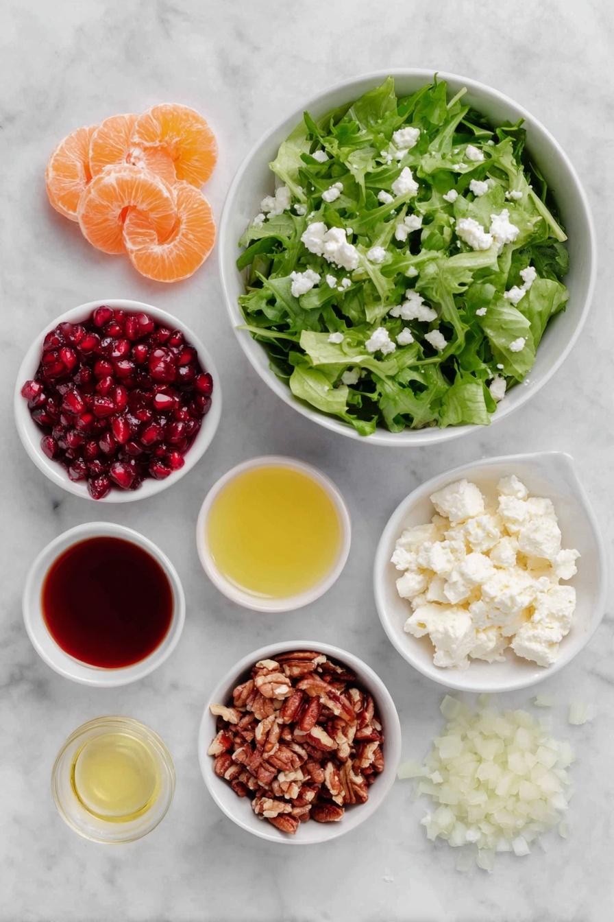 Flat lay of a large simple white ceramic bowl filled with fresh mixed spring greens, a small pile of bright orange segments (mandarin or clementine), a small white ceramic bowl of ruby red pomegranate seeds, a small mound of crumbled white feta cheese, a small heap of roughly chopped candied pecans, alongside four small white ceramic bowls containing golden olive oil, amber honey, smooth yellow Dijon mustard, and clear apple cider vinegar, plus finely minced pale shallot placed delicately on the side, all arranged in perfect symmetry on a clean white marble surface, soft natural light, photo taken with an iPhone, professional food photography style, fresh ingredients, white ceramic bowls, no bottles, no duplicates, no utensils, no packaging --ar 2:3 --v 7 --p m7354615311229779997 - Festive Citrus Salad with Feta and Pomegranate, holiday citrus salad, winter fruit salad, easy holiday salad, fresh citrus and pomegranate salad