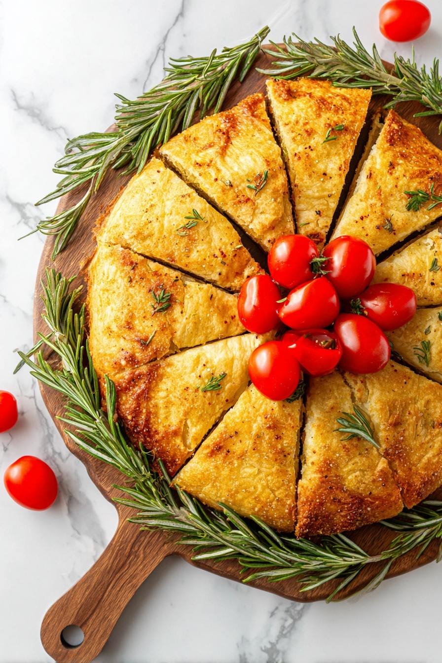 A golden-brown round pastry is cut into twelve triangular slices, arranged in a circle on a wooden board. The pastry has a slightly crispy texture with a hint of seasoning on top. Fresh green rosemary sprigs are placed around the edge of the board along with bright red cherry tomatoes, both on the board and resting on the pastry. More cherry tomatoes are grouped in the center of the pastry, creating a bright contrast with the golden crust. The whole setting rests on a white marbled surface. photo taken with an iphone --ar 2:3 --v 7 - Cheesy Pesto Wreath Appetizer, festive appetizer recipes, easy holiday starters, cheesy puff pastry appetizers, veggie and cheese wreath