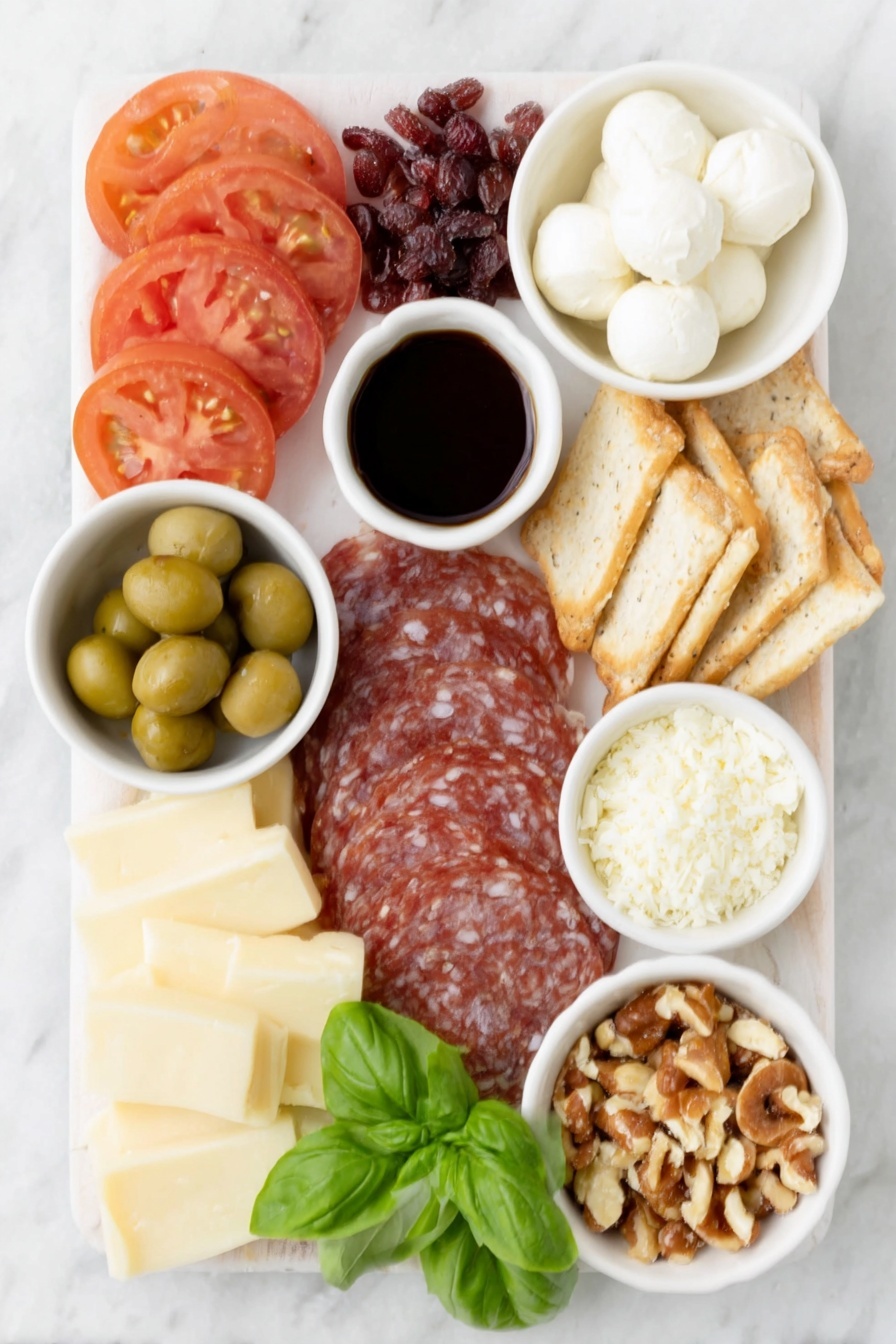 Flat lay of fresh tomato slices arranged in neat rounds, two fresh mozzarella balls sliced and fanned out, a small white bowl of extra virgin olive oil, a small white bowl of dark balsamic reduction, small pile of flaky sea salt crystals, assorted cheese cubes including cheddar and Manchego, thinly sliced cured salami pieces, a stack of assorted crackers and bruschetta toasts, a handful of small pretzel sticks, green olives in a small white bowl, dried apricots and figs, sliced half English cucumber, a small pile of mixed nuts, fresh basil leaves scattered artistically, a small mound of red pomegranate seeds, and a small white bowl holding chocolate Christmas candies placed on a clean white marble surface, soft natural light, photo taken with an iPhone, professional food photography style, fresh ingredients, white ceramic bowls, no bottles, no duplicates, no utensils, no packaging --ar 2:3 --v 7 --p m7354615311229779997 - Christmas Charcuterie Board Ideas, festive holiday appetizer platter, Christmas party cheese board, holiday entertaining food, easy Christmas grazing board