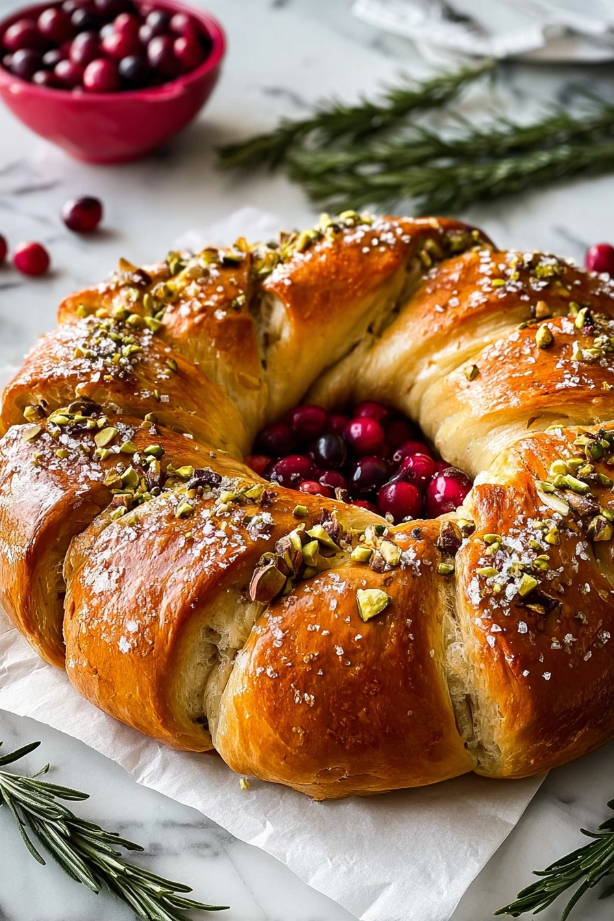 A golden-brown wreath-shaped bread with a shiny, smooth texture, topped with coarse salt, chopped pistachios, and rosemary leaves evenly spread over the surface. The bread is divided into large, soft segments by deep cuts that show a fluffy inside. Around the bread's center, there are red cranberries and green rosemary sprigs placed on white parchment paper. The whole setup sits on a white marbled surface with more rosemary sprigs and a blurred red bowl of cranberries in the background. photo taken with an iphone --ar 2:3 --v 7 - Cranberry Brie Crescent Wreath, festive appetizer, holiday appetizer, easy holiday appetizer, cranberry brie appetizer