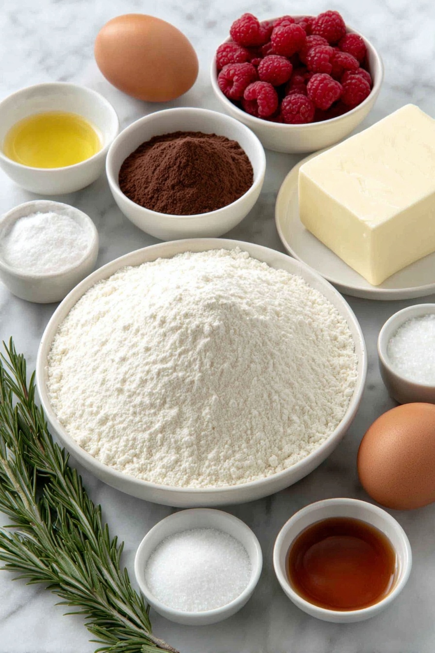 Flat lay of a small mound of all-purpose flour in a simple white ceramic bowl, a small white bowl filled with granulated sugar, a tiny white bowl holding unsweetened cocoa powder, a few grains of baking soda and baking powder scattered neatly on the surface, a small pinch of salt displayed in a separate white bowl, a small white bowl of golden vegetable oil, another small white bowl with creamy buttermilk, one large whole uncracked brown egg, a white bowl containing vibrant red food coloring gel, a small white bowl with vanilla extract, a tiny white bowl with white vinegar, a chunk of unsalted butter on a simple white plate, powdered sugar gently heaped in a small white bowl, a small white bowl of thick heavy cream, a pinch of salt resting in a white bowl, fresh bright red raspberries, and fresh rosemary sprigs artfully placed, all arranged symmetrically with realistic proportions, placed on a clean white marble surface, soft natural light, photo taken with an iPhone, professional food photography style, fresh ingredients, white ceramic bowls, no bottles, no duplicates, no utensils, no packaging --ar 2:3 --v 7 --p m7354615311229779997 - Red Velvet Cupcakes with Vanilla Frosting, easy red velvet cupcakes, moist red velvet cupcakes, festive cupcake recipes, holiday dessert ideas