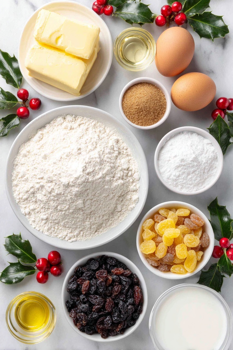 Flat lay of a small white ceramic bowl of all-purpose flour, a small white ceramic bowl with brown sugar, two whole uncracked brown eggs, a small white ceramic bowl of softened unsalted butter, a small white ceramic bowl of mixed dried fruit including raisins, currants, and chopped dried apricots, a small white ceramic bowl with smooth white powdered sugar, a small white ceramic bowl of whole milk, a small white ceramic bowl with clear golden brandy, a few sprigs of fresh edible holly leaves, and bright red maraschino cherries, all arranged with perfect symmetry and balanced proportions, placed on a clean white marble surface, soft natural light, photo taken with an iPhone, professional food photography style, fresh ingredients, white ceramic bowls, no bottles, no duplicates, no utensils, no packaging --ar 2:3 --v 7 --p m7354615311229779997 - Festive Christmas Pudding Cupcake, Christmas pudding cupcakes, holiday cupcake recipes, festive holiday desserts, Christmas cupcake ideas