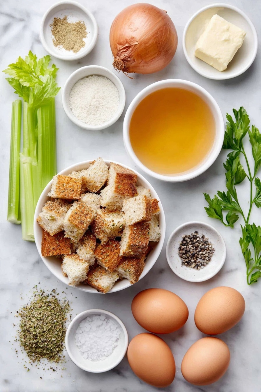 Flat lay of a small white ceramic bowl of dry seasoned bread cubes, a medium whole uncracked brown onion, two bright green celery ribs, a small white ceramic bowl with a portion of unsalted butter, two whole uncracked brown eggs with clean shells, a small white ceramic bowl of golden chicken broth, a little heap of dried poultry seasoning herbs, a small white ceramic bowl of fine garlic powder, a small white ceramic bowl of salt crystals, a small white ceramic bowl of black pepper, and a few sprigs of fresh green parsley placed neatly on a clean white marble surface, soft natural light, photo taken with an iPhone, professional food photography style, fresh ingredients, white ceramic bowls, no bottles, no duplicates, no utensils, no packaging --ar 2:3 --v 7 --p m7354615311229779997 - Stuffing Balls with Sage and Vegetables, Sage and Vegetable Stuffing Balls, Herbaceous stuffing bites, Thanksgiving stuffing balls, Savory stuffing round treats