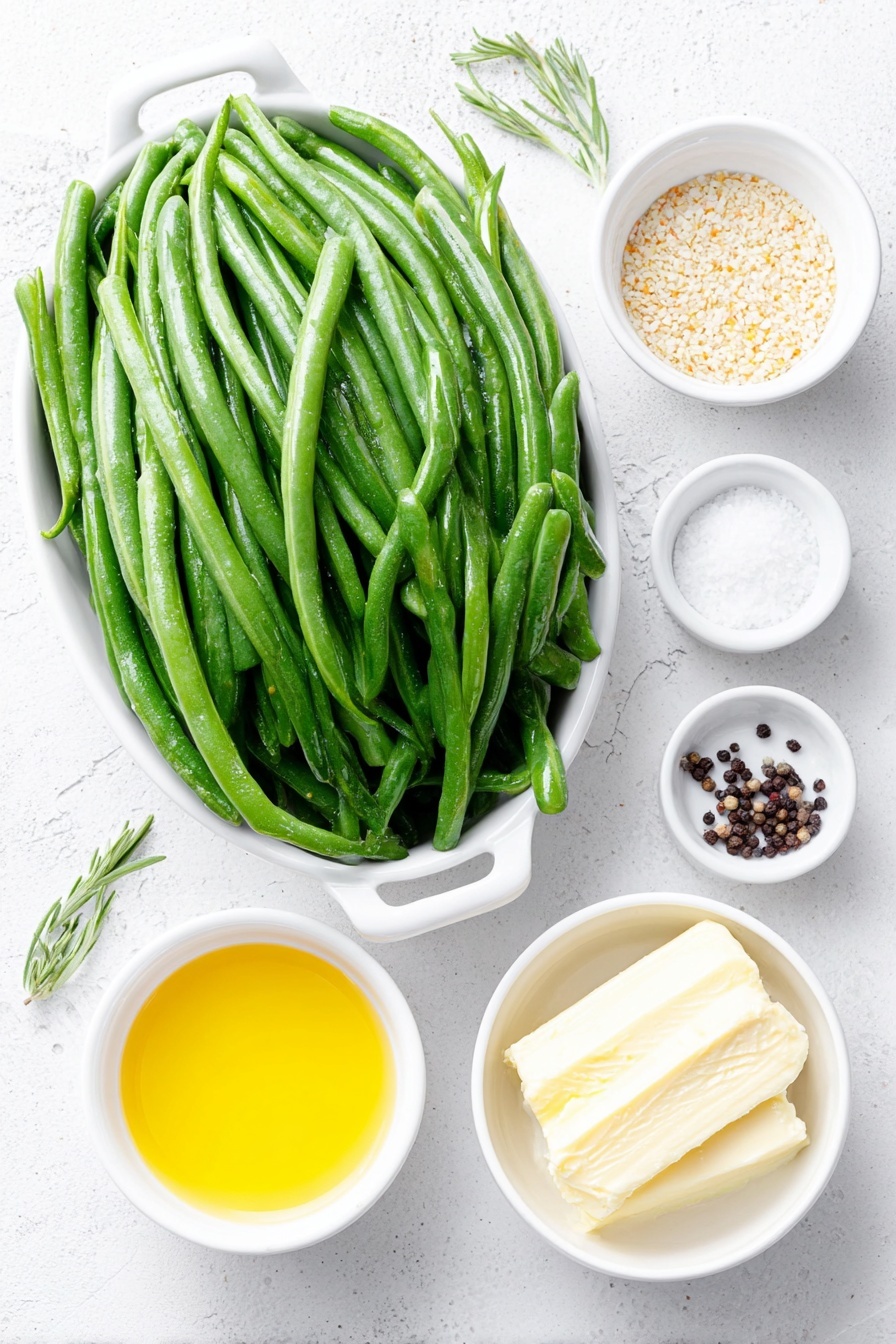 Flat lay of fresh green beans with ends trimmed, a small white ceramic bowl of coarse grain mustard with visible mustard seeds, a small white ceramic bowl of smooth Dijon mustard, a small white ceramic bowl containing melted golden butter, a small white ceramic bowl with lemon juice freshly squeezed, a few grains of kosher salt scattered beside a tiny mound, a small pile of whole black peppercorns, all arranged in perfect symmetry on a clean white ceramic surface, placed on a clean white marble surface, soft natural light, photo taken with an iPhone, professional food photography style, fresh ingredients, white ceramic bowls, no bottles, no duplicates, no utensils, no packaging --ar 2:3 --v 7 --p m7354615311229779997 - Green Beans with Mustard Butter Sauce, green beans side dish, easy vegetable side recipes, quick green bean recipes, flavorful green bean ideas