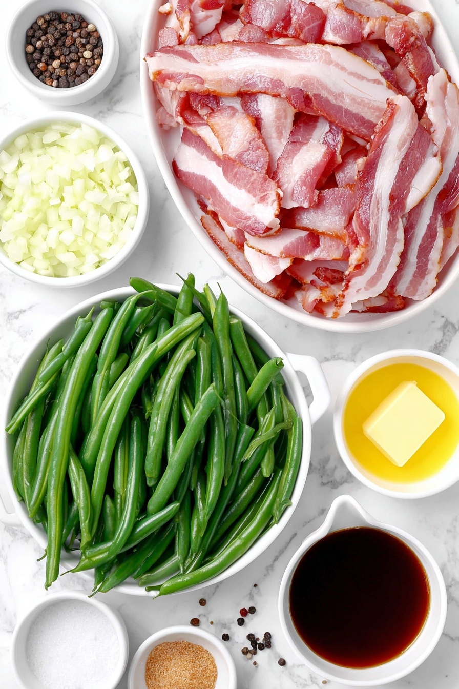 Flat lay of chopped crispy bacon slices, diced yellow onion in a small white bowl, a small white bowl of minced garlic, fresh green beans trimmed and cut into 1-inch pieces spread neatly, a small white bowl filled with golden butter, a small white bowl of dark brown Worcestershire sauce, a small white bowl with light brown granulated brown sugar, a small white bowl with clear vegetable broth, scattered salt crystals and whole black peppercorns, placed on a clean white marble surface, soft natural light, photo taken with an iPhone, professional food photography style, fresh ingredients, white ceramic bowls, no bottles, no duplicates, no utensils, no packaging --ar 2:3 --v 7 --p m7354615311229779997 - Crock Pot Green Beans with Bacon, green beans with bacon, easy green bean side dish, slow cooker green beans, bacon green bean recipe