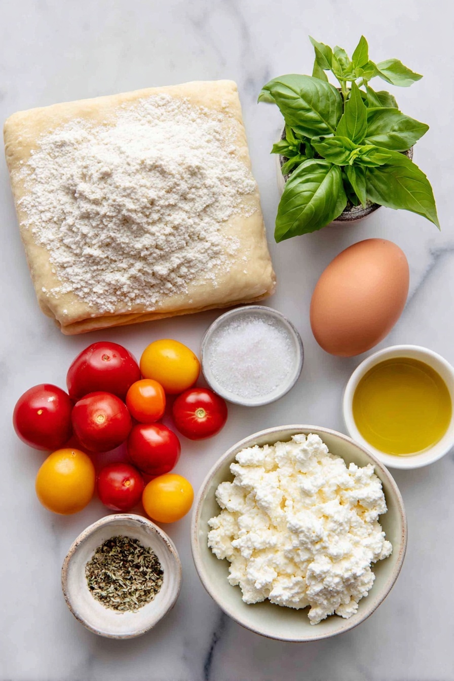 Flat lay of a fresh sheet of golden puff pastry, one whole uncracked brown egg, a small mound of creamy whole milk ricotta cheese on a simple white ceramic plate, a small white bowl filled with finely grated Parmigiano-Reggiano, a handful of bright green fresh basil leaves, a small white bowl of flaky sea salt crystals, a small white bowl of freshly ground black pepper, a few sprigs of dried oregano, a few sprigs of garlic powder in a small white bowl, a cluster of vibrant halved mini heirloom tomatoes in red, yellow, and orange hues, and a small white bowl of golden olive oil, all arranged in perfect symmetry on a clean white marble surface, soft natural light, photo taken with an iPhone, professional food photography style, fresh ingredients, white ceramic bowls, no bottles, no duplicates, no utensils, no packaging --ar 2:3 --v 7 --p m7354615311229779997 - Tomato Ricotta Puff Pastry Tartlets, easy savory tartlets, roasted tomato appetizer, flaky puff pastry recipes, quick vegetarian appetizers