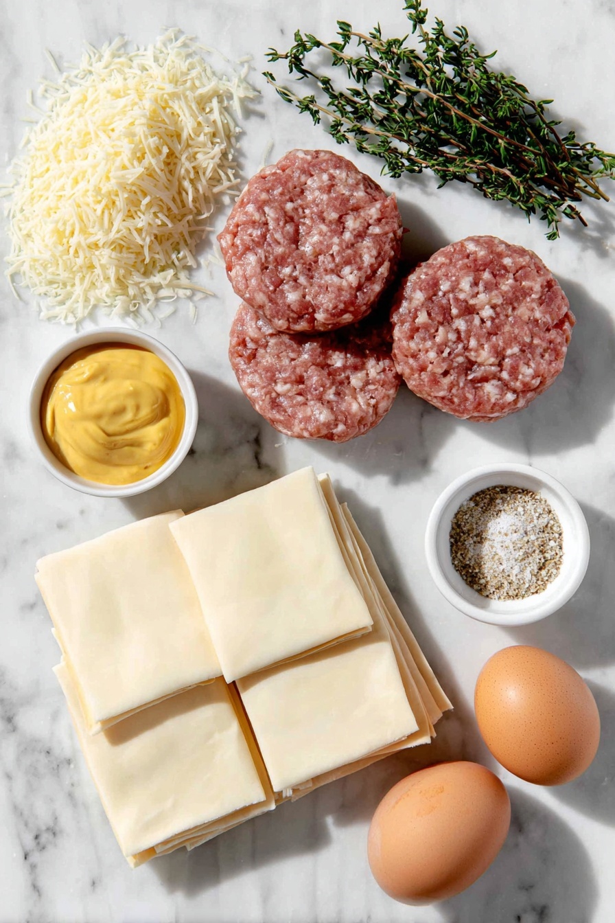 Flat lay of breakfast pork and sage sausage raw and unprocessed, a small mound of freshly grated sharp cheddar cheese, a small heap of golden panko breadcrumbs, two whole uncracked brown eggs, a small white ceramic bowl of bright yellow Dijon mustard, fresh green thyme sprigs with loose leaves, four rectangular sheets of pale puff pastry neatly stacked, a small white ceramic bowl filled with coarse Everything but the Bagel seasoning, a small white ceramic bowl holding glossy amber hot honey, all arranged in perfect symmetry on a clean white marble surface, soft natural light, photo taken with an iPhone, professional food photography style, fresh ingredients, white ceramic bowls, no bottles, no duplicates, no utensils, no packaging --ar 2:3 --v 7 --p m7354615311229779997 - Hot Honey Sausage Rolls with Thyme, savory sausage rolls, spicy honey sausage snacks, easy sausage pastry recipes, flavorful appetizer ideas