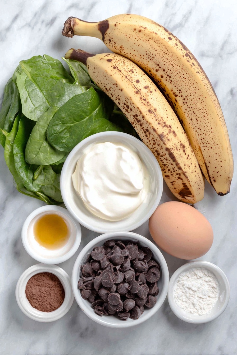 Flat lay of three very ripe bananas with smooth brown spots, two large handfuls of fresh vibrant green baby spinach leaves, a single whole uncracked brown egg, a small white ceramic bowl of creamy white full-fat Greek yogurt, a small white ceramic bowl of amber-colored oil, a small white ceramic bowl of light brown granulated sugar, a small white ceramic bowl of fine white whole wheat flour, a small white ceramic bowl of dark brown cocoa powder, a small white ceramic bowl of smooth pale beige vanilla extract, a small white ceramic bowl of fine sea salt crystals, and a small white ceramic bowl of shiny semi-sweet dark chocolate chips placed on a clean white marble surface, soft natural light, photo taken with an iPhone, professional food photography style, fresh ingredients, white ceramic bowls, no bottles, no duplicates, no utensils, no packaging --ar 2:3 --v 7 --p m7354615311229779997 - Chocolate Spinach Muffins, healthy chocolate muffins, easy green muffins, kid-friendly spinach muffins, moist chocolate muffins