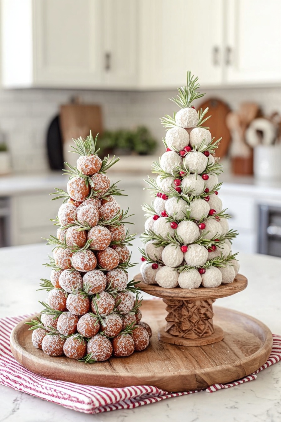 The image shows two cone-shaped towers made of small round balls stacked in neat layers on a round wooden tray with a red-striped cloth on the side. The left tower is made of brown doughnut balls dusted with white powder and decorated with green sprigs of rosemary evenly spaced throughout the layers. The right tower consists of white powdered balls arranged in similar layers with small red berries and sprigs of rosemary tucked between the layers, all standing on a carved wooden pedestal on the tray. The scene is set on a white marbled counter with a blurred kitchen background. photo taken with an iphone --ar 2:3 --v 7 - Christmas Donut Tree, festive holiday dessert, easy Christmas treats, edible holiday decoration, Christmas dessert centerpiece
