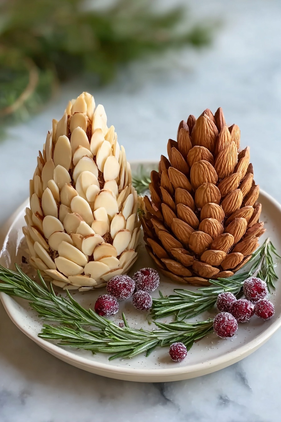 Two pine cone shaped treats sit on a white plate with a white marbled surface background. The left pine cone is covered in pale, thin almond slices layered closely together from the base to the pointed top. The right pine cone is covered in whole brown almonds layered similarly. Between and around the pine cones there are sprigs of green rosemary and small, sugar-coated red berries that add contrast and a festive look. Photo taken with an iphone --ar 2:3 --v 7 - Pinecone Cheese Ball with Almonds, festive cheese ball, holiday cheese appetizer, edible centerpiece, easy cheese ball recipe