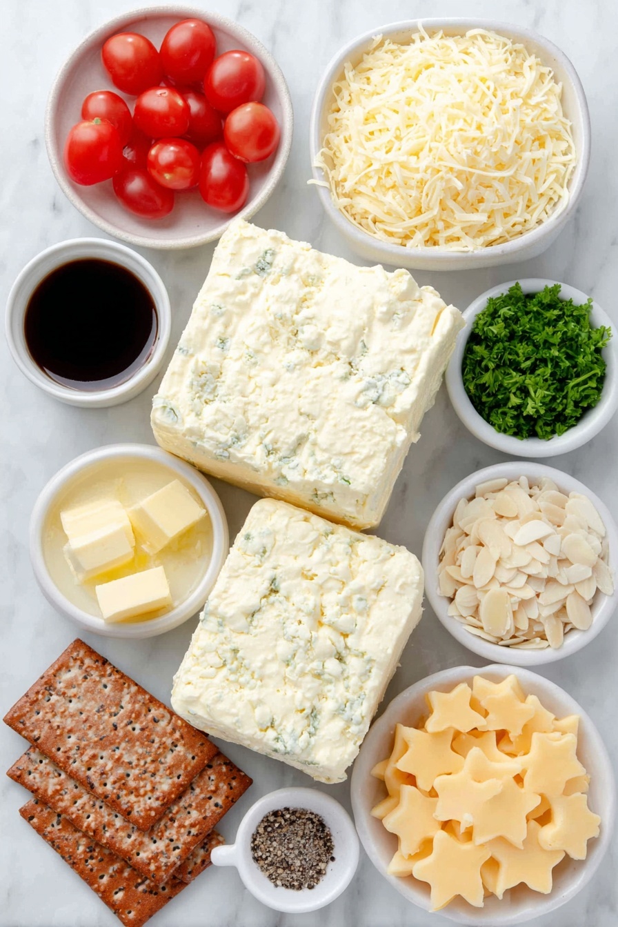 Flat lay of two blocks of soft cream cheese, a small mound of finely shredded bright orange cheddar cheese, a few chopped green onions, a small white bowl of diced red pimientos, a small white bowl with melted golden butter, a small white bowl of Worcestershire sauce, a small white bowl containing pale garlic powder, a small white bowl of coarse kosher salt, a small white bowl of ground black pepper, a dozen halved shiny red cherry tomatoes, a small pile of finely chopped fresh green parsley, a small pile of thinly sliced almonds, a bright yellow pepper cut into star-shaped pieces, assorted crackers and pretzels arranged neatly, all placed on a clean white marble surface, soft natural light, photo taken with an iPhone, professional food photography style, fresh ingredients, white ceramic bowls, no bottles, no duplicates, no utensils, no packaging --ar 2:3 --v 7 --p m7354615311229779997 - Christmas Tree Cheeseball, festive cheese ball, holiday appetizer ideas, Christmas party snacks, cheese ball recipes