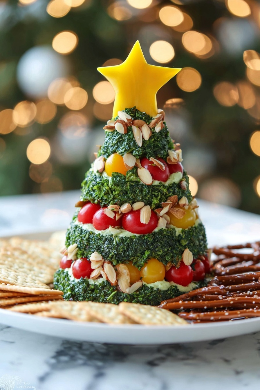 The dish shows a Christmas tree-shaped food sculpture with three main visible layers covered in chopped green herbs. The base layers are decorated with thin slices of light brown almonds arranged like garlands, with bright red cherry tomatoes and small yellow diced pieces like bell peppers placed all over the tree. The top of the tree is finished with a large, star-shaped yellow piece. The tree sits on a white plate with round crackers and dark brown pretzel sticks placed around its base, all on a white marbled surface with warm blurred lights in the background. Photo taken with an iphone --ar 2:3 --v 7 - Christmas Tree Cheeseball, festive cheese ball, holiday appetizer ideas, Christmas party snacks, cheese ball recipes