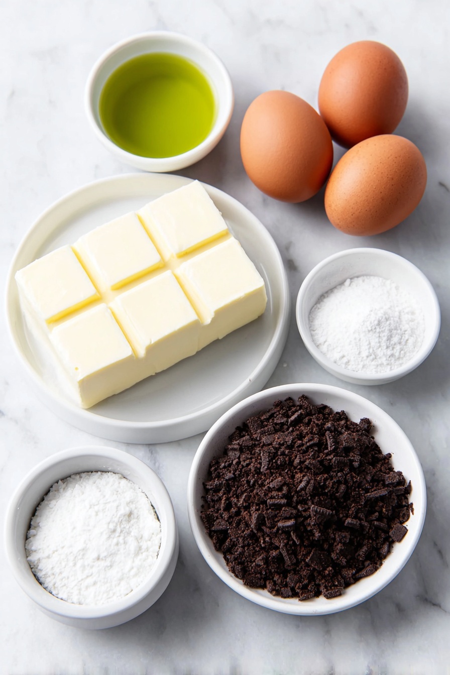 Flat lay of a small mound of dark Oreo cookie crumbs, a few small cubes of pale yellow melted butter on a plain white ceramic plate, two smooth whole brown eggs with clean shells, a soft block of creamy white cream cheese resting on a simple white ceramic dish, a small white ceramic bowl filled with fine white granulated sugar, a small white ceramic bowl holding neon green liquid food coloring, and a small white ceramic bowl of clear vanilla extract, all arranged with perfect symmetry and balanced proportions, placed on a clean white marble surface, soft natural light, photo taken with an iPhone, professional food photography style, fresh ingredients, white ceramic bowls, no bottles, no duplicates, no utensils, no packaging --ar 2:3 --v 7 --p m7354615311229779997 - Grinch Mini Cheesecakes, festive cheesecake recipes, cute holiday desserts, easy cheesecake ideas, green cheesecake treats