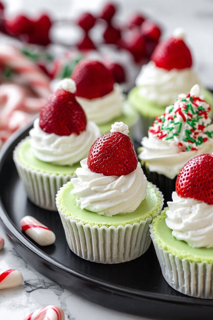 The image shows several mini green cheesecakes in white cupcake liners arranged on a dark round plate placed on a white marbled surface. Each cheesecake has a smooth pale green layer topped with white whipped cream. Some cheesecakes are decorated with whole red strawberries placed on top of a swirl of whipped cream, resembling little Santa hats. One cheesecake in the background has whipped cream topped with red and green sprinkles. The background also includes red berries and white peppermint candies blurred out. Photo taken with an iphone --ar 2:3 --v 7 - Grinch Mini Cheesecakes, festive cheesecake recipes, cute holiday desserts, easy cheesecake ideas, green cheesecake treats