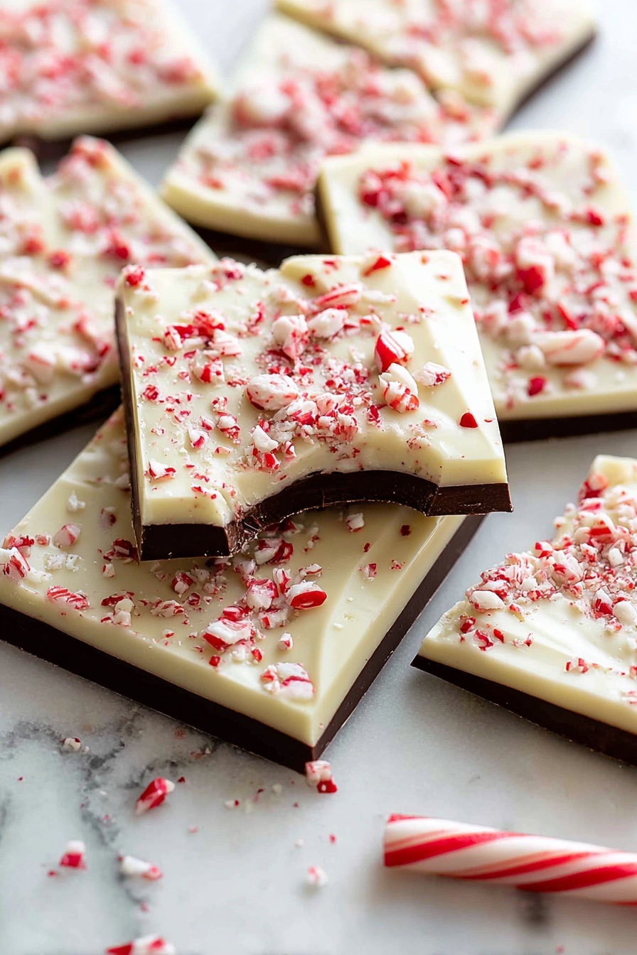The image shows pieces of layered peppermint bark arranged on a white marbled surface. Each piece has three visible layers: a bottom smooth milk chocolate layer in dark brown, a middle thin line of dark chocolate, and a top creamy white chocolate layer. The white chocolate layer is sprinkled generously with crushed red and white peppermint candy pieces, adding a rough texture and vibrant red highlights. One piece in the center has a bite taken out, revealing the layers clearly. A whole peppermint stick is visible near the bottom right. photo taken with an iphone --ar 2:3 --v 7 - Peppermint White Chocolate Bark, white chocolate peppermint bark, holiday bark recipe, festive chocolate treat, peppermint candy cane bark