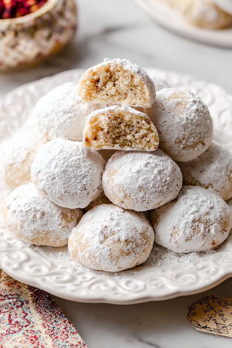 A white dish filled with many round cookies covered all over with white powdered sugar, each cookie showing a rough, crumbly texture through the sugar. The cookies are light brown under the sugar and piled closely together. One cookie near the top center has a bite taken out, showing a dense, soft inside. The dish has a red border with a simple red pattern inside. The background is a white marbled texture. photo taken with an iphone --ar 2:3 --v 7 - Snowball Cookies, Snowball Cookies Recipe, Holiday Cookie Ideas, Butter Cookies, Easy Christmas Cookies