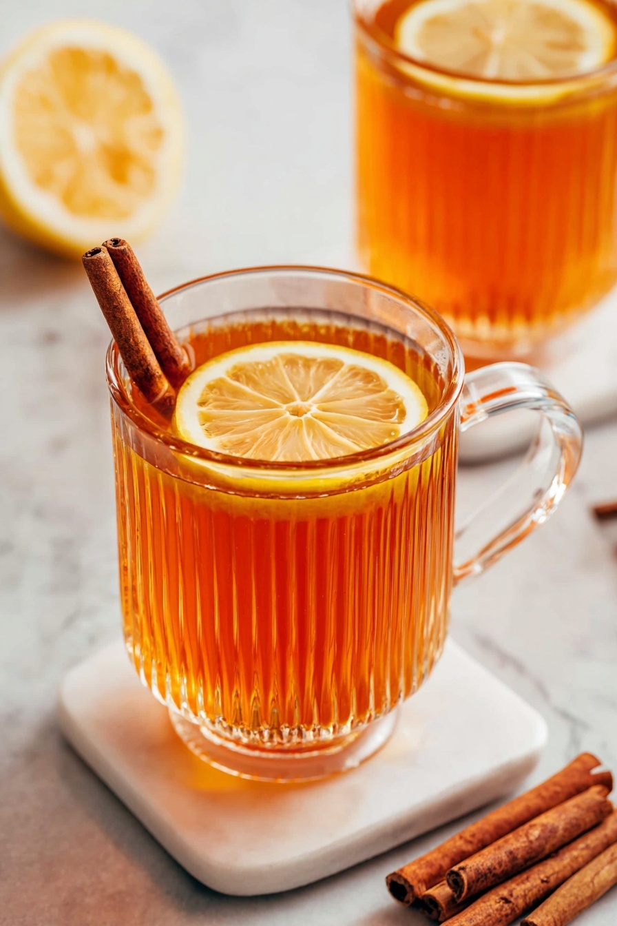 The image shows a clear textured glass mug filled with a warm amber-colored liquid, likely tea, with a bright yellow lemon slice floating near the top layer. Inside the mug, a thin metal spoon stands upright in the drink. The mug is placed on a white marbled surface, with two brown cinnamon sticks lying nearby. In the blurry background, there is a glass teapot containing more of the amber liquid and a basket holding a whole yellow lemon. A piece of dark teal fabric with frayed edges is partially visible on the left side. The scene feels cozy and inviting. photo taken with an iphone --ar 2:3 --v 7 - Non-Alcoholic Spiced Hot Toddy, warm non-alcoholic drinks, cozy hot beverages, soothing hot toddy recipe, comforting winter drinks
