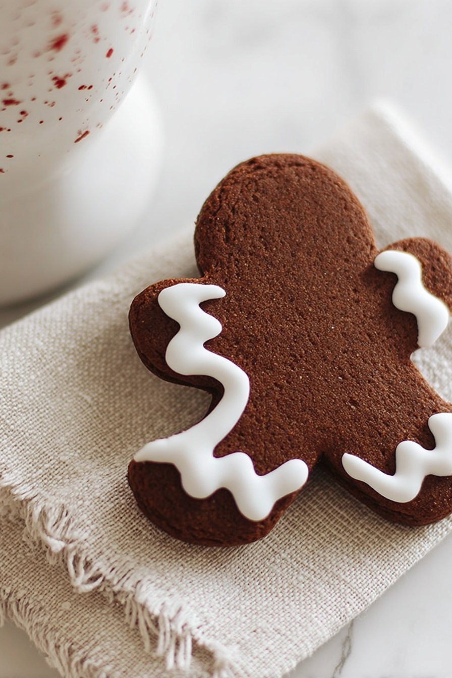 The image shows a single gingerbread cookie shaped like a gingerbread person with one bite taken out of the head. The cookie is a dark brown color and decorated with a simple thick white icing outline that follows the shape of the cookie's edges. It is placed on a beige textured cloth, which lies on a white marbled surface. Part of a white cup with small red speckles can be seen behind the cookie. The overall setting is bright and softly lit. photo taken with an iphone --ar 2:3 --v 7 - Chocolate Gingerbread Cookies, holiday gingerbread cookies with chocolate, spiced chocolate cookies recipe, homemade gingerbread cookies, easy chocolate gingerbread treats