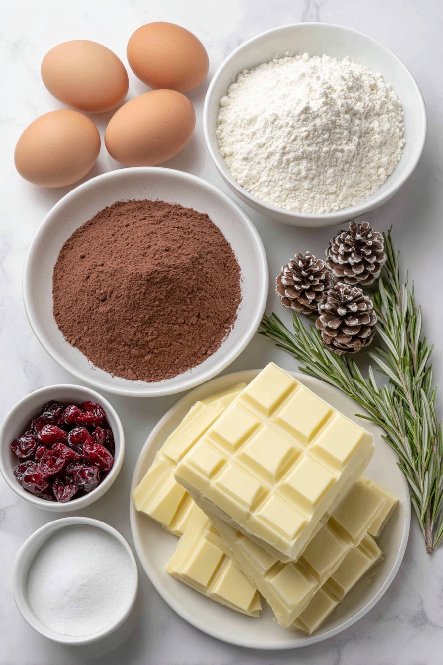 Flat lay of chopped white chocolate in a simple white ceramic bowl, fresh heavy cream in a small white bowl, two whole uncracked brown eggs, a mound of sifted cocoa powder on a white plate, a small white bowl with espresso powder, a pinch of sea salt scattered on a white plate, whole milk in a small white bowl, a few sprigs of fresh rosemary, granulated sugar on a white plate, whole cake flour on a white plate, dark chocolate chopped in a white ceramic bowl, meringue mushrooms on a small white plate, sugared cranberries in a small white bowl, almond pine cones on a white plate, and a small bowl of vanilla extract placed on a clean white marble surface, soft natural light, photo taken with an iPhone, professional food photography style, fresh ingredients, white ceramic bowls, no bottles, no duplicates, no utensils, no packaging --ar 2:3 --v 7 --p m7354615311229779997 - White Chocolate Peppermint Yule Log, holiday Yule log dessert, peppermint cake roll, festive Christmas cake, white chocolate holiday dessert