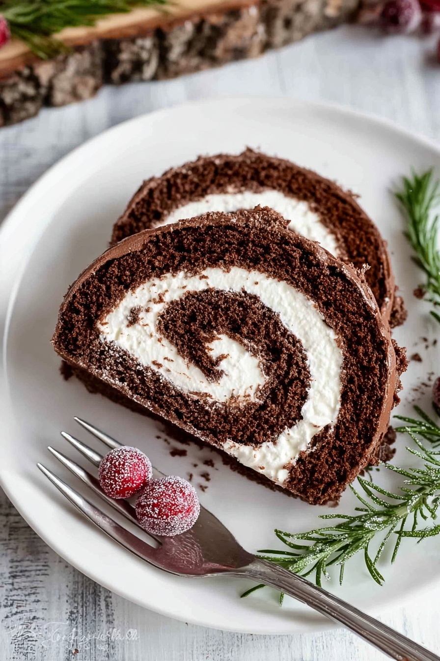 A single slice of chocolate roll cake sits on a white plate, featuring three visible layers of soft dark brown chocolate sponge cake tightly wrapped around two thick layers of smooth white cream filling, forming a spiral pattern. The outer edge has a darker chocolate frosting that appears rich and slightly textured. The plate also holds two red sugared cranberries and a few sprigs of fresh green rosemary placed to the right side, adding color contrast. A silver fork lies diagonally across the plate’s bottom edge. The background is a white marbled surface with an exposed piece of wood and additional sugared cranberries in the upper part of the image. Photo taken with an iphone --ar 2:3 --v 7 - Chocolate Yule Log Cake, festive chocolate roulade, holiday dessert ideas, Christmas chocolate cake, elegant Yule Log recipes