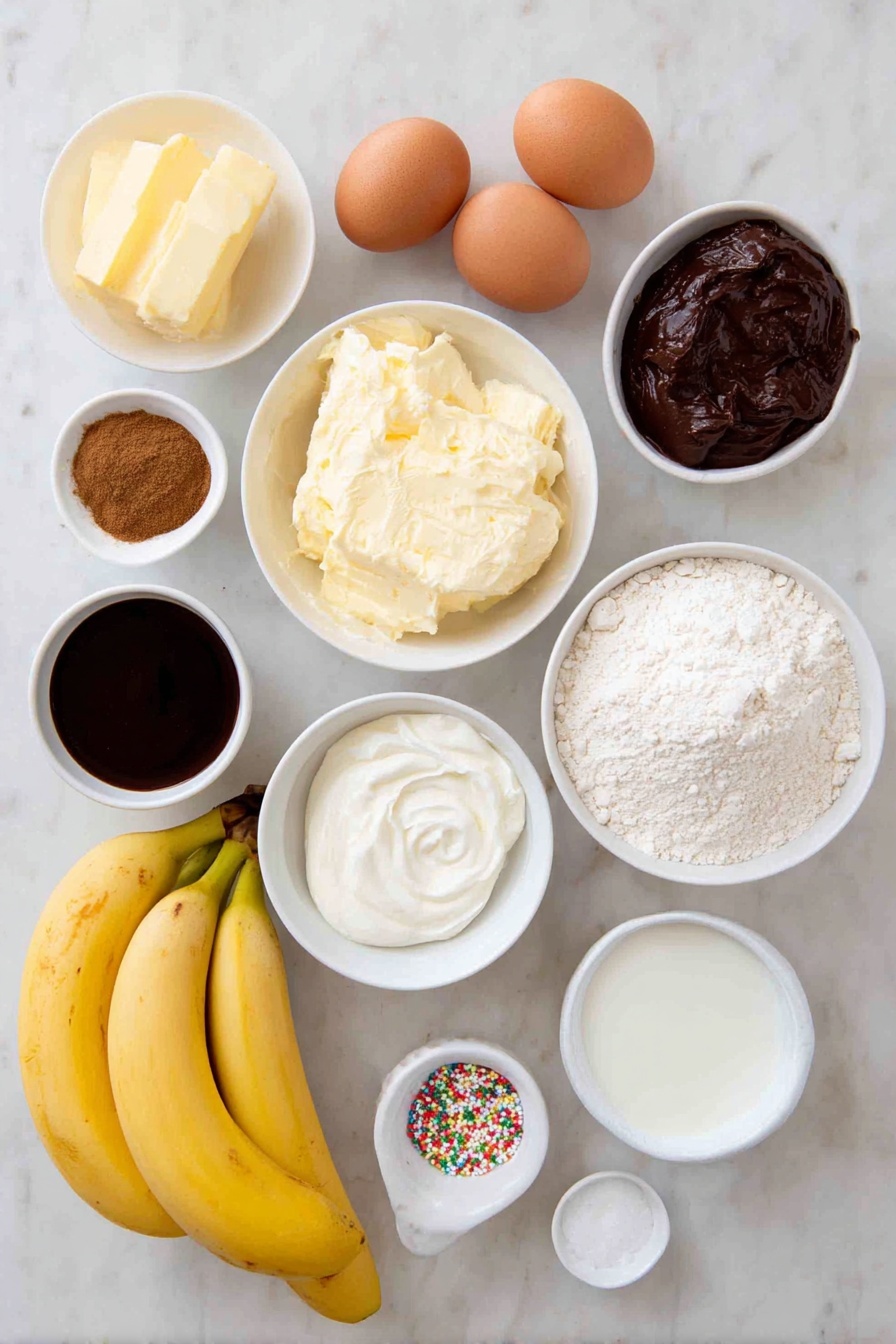 Flat lay of a small white ceramic bowl of soft unsalted butter, a white ceramic bowl of packed dark brown sugar, two whole uncracked large brown eggs, three ripe unpeeled medium bananas, a small white ceramic bowl of sour cream, a small white ceramic bowl of dark molasses, a small white ceramic bowl of all-purpose flour, a small white ceramic bowl of ground cinnamon, a small white ceramic bowl of ground ginger, a small white ceramic bowl of ground nutmeg, a small white ceramic bowl of ground allspice, a small white ceramic bowl of baking soda, a small white ceramic bowl of coarse salt, a small white ceramic bowl of powdered sugar, a small white ceramic bowl of milk, a small pile of cinnamon sugar crystals, and a few colorful holiday sprinkles scattered nearby, all arranged symmetrically on a clean white marble surface, soft natural light, photo taken with an iPhone, professional food photography style, fresh ingredients, white ceramic bowls, no bottles, no duplicates, no utensils, no packaging --ar 2:3 --v 7 --p m7354615311229779997 - Gingerbread Banana Bread, Gingerbread Banana Bread Recipe, Festive Banana Bread with Ginger, Spiced Banana Bread with Molasses, Holiday Pumpkin Bread