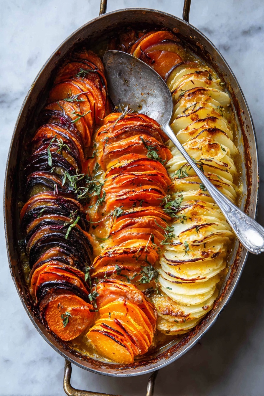 An oval metal baking dish holds a colorful layered vegetable gratin arranged in a neat row of five groups. Starting from the top left, there is a layer of bright orange slices, followed by a layer of pale yellow slices with light browning, next to a middle layer of deep purple slices with some charred edges. Below that, there is another layer of bright orange slices, similar to the top, and lastly, a layer of pale off-white slices with some golden spots at the bottom right. The slices are thin and arranged closely in vertical rows, with some fresh green herb sprigs sprinkled on top. A large metal spoon rests inside the dish on a white marbled surface beneath it. photo taken with an iphone --ar 2:3 --v 7 - Cheesy Root Vegetable Gratin, root vegetable gratin, cheesy vegetable casserole, fall vegetable side dish, comfort food with root vegetables