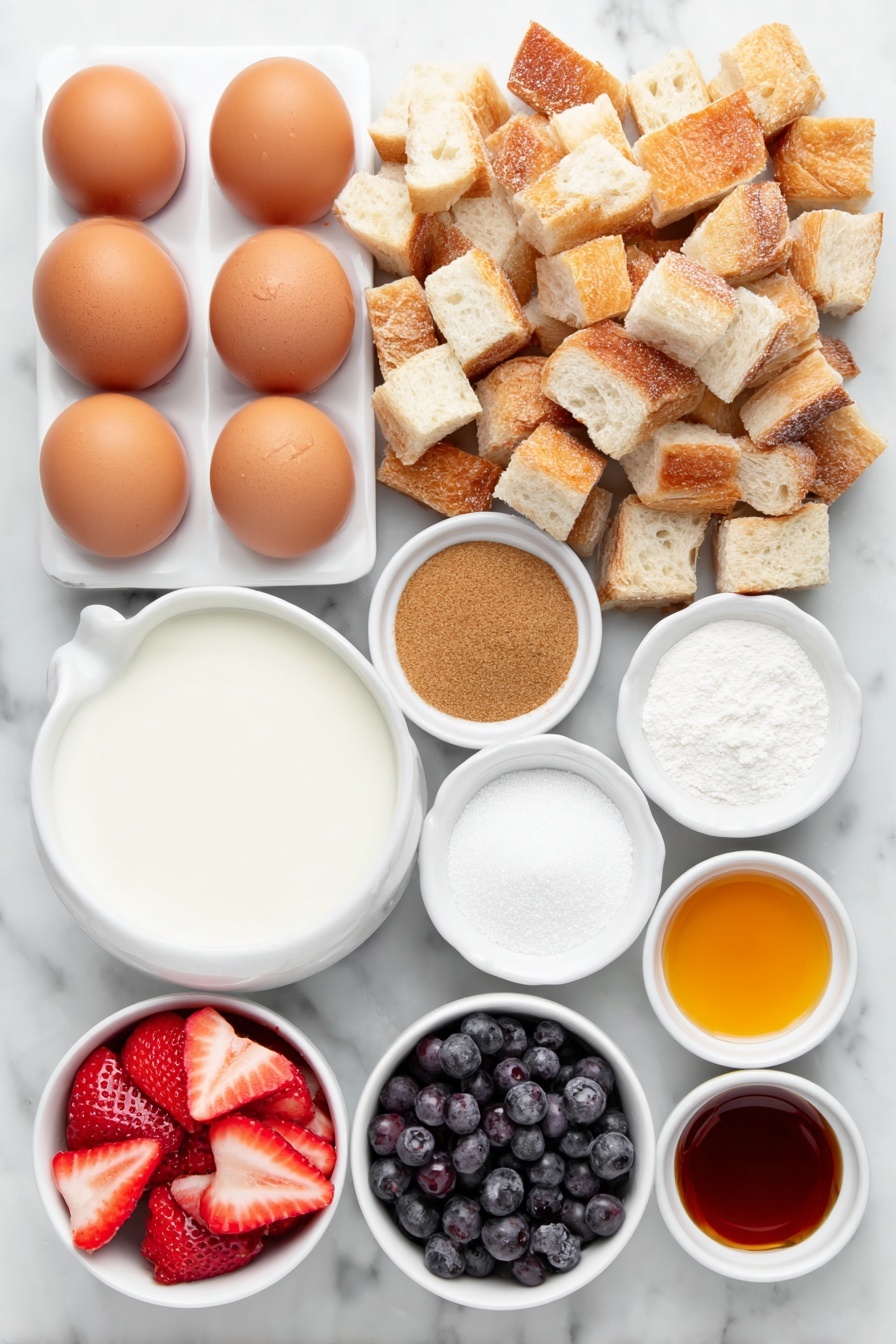 Flat lay of a large pile of cubed French bread, eight whole uncracked brown eggs neatly arranged, a small white bowl of 2% milk, a small white bowl filled with golden brown sugar, a small white bowl with ground cinnamon powder, a small white bowl holding clear vanilla extract, a handful of fresh sliced strawberries arranged flat, a handful of plump blueberries, a small white bowl with fine white powdered sugar, and a small white bowl of amber maple syrup, all placed on a clean white marble surface, soft natural light, photo taken with an iPhone, professional food photography style, fresh ingredients, white ceramic bowls, no bottles, no duplicates, no utensils, no packaging --ar 2:3 --v 7 --p m7354615311229779997 - Berry French Toast Bake, easy berry breakfast casserole, make-ahead French toast bake, fruity baked French toast, weekend brunch recipes