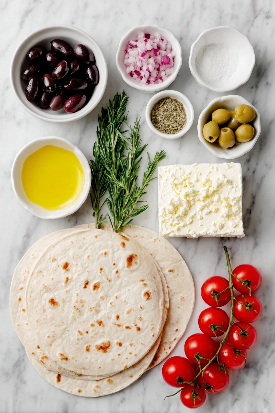 Flat lay of two blocks of smooth cream cheese, a small white bowl of finely chopped red peppers, a small white bowl of sliced green olives, a small white bowl of sliced black olives, a small white bowl containing bright yellow lemon juice, a small white bowl with garlic powder, a small white bowl with onion powder, a few sprigs of fresh green dill, two plain large white tortillas stacked neatly, two large spinach green tortillas stacked neatly, several sprigs of fresh rosemary, and a handful of glossy red cherry tomatoes, all arranged with perfect symmetry on a clean white marble surface, soft natural light, photo taken with an iPhone, professional food photography style, fresh ingredients, white ceramic bowls, no bottles, no duplicates, no utensils, no packaging --ar 2:3 --v 7 --p m7354615311229779997 - Christmas Olive Cream Cheese Pinwheels, festive appetizer recipes, holiday appetizer ideas, quick party appetizers, Christmas snacks