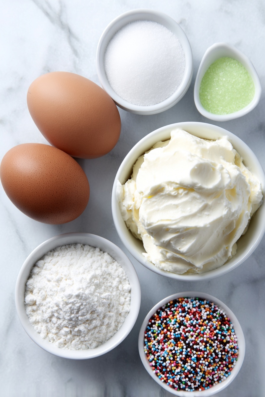 Flat lay of two large whole brown eggs, a small white ceramic bowl of fine white granulated sugar, a small white ceramic bowl of cream of tartar powder, a small white ceramic bowl with bright green gel food coloring, and a small white ceramic bowl filled with colorful round sprinkles, all arranged in perfect symmetry on a clean white marble surface, soft natural light, photo taken with an iPhone, professional food photography style, fresh ingredients, white ceramic bowls, no bottles, no duplicates, no utensils, no packaging --ar 2:3 --v 7 --p m7354615311229779997 - Christmas Tree Meringue Cookies, festive holiday meringue cookies, easy Christmas treats, holiday baking ideas, Christmas dessert recipes